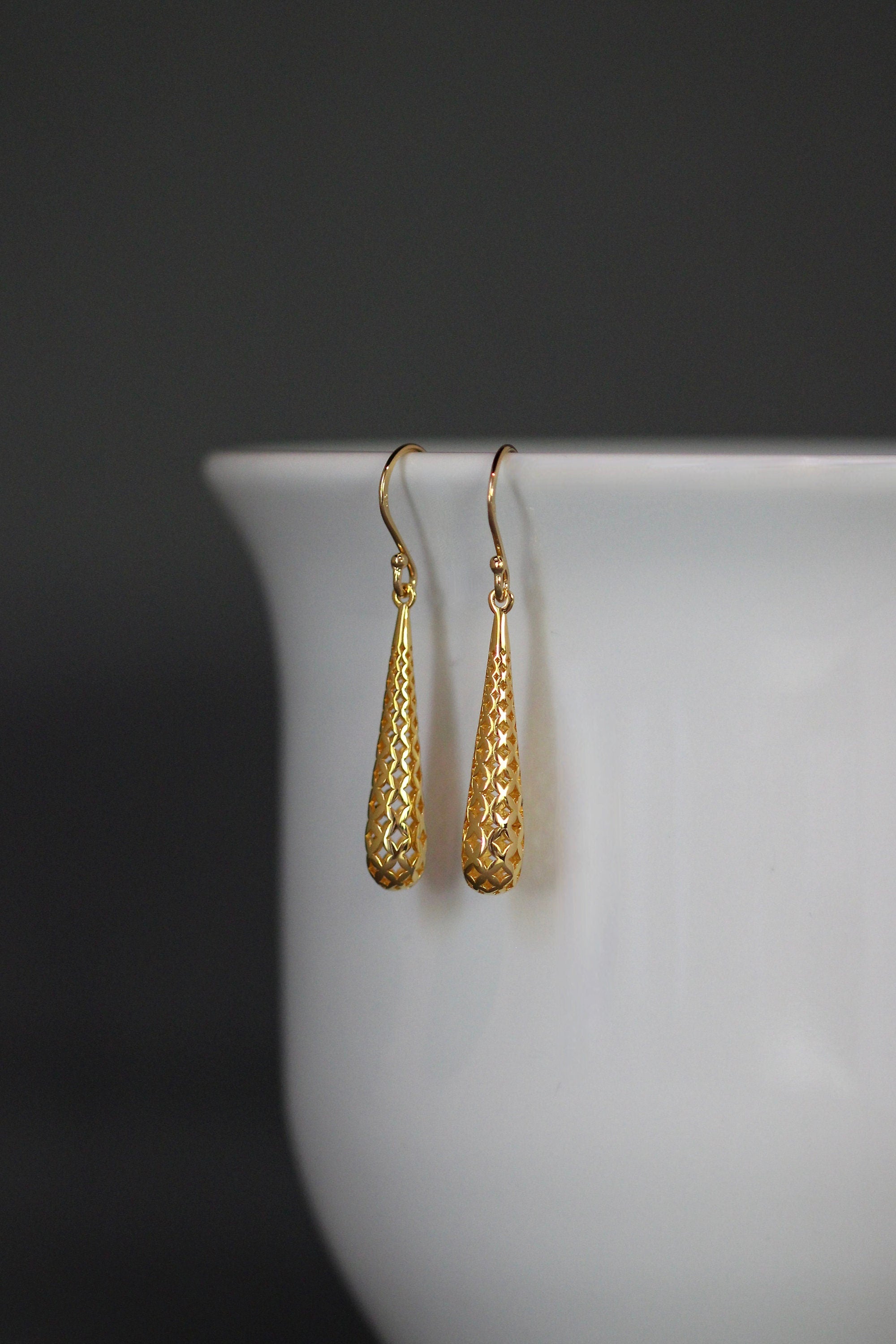 Long Shiny Gold Vermeil Filigree Teardrop Dangle Earrings