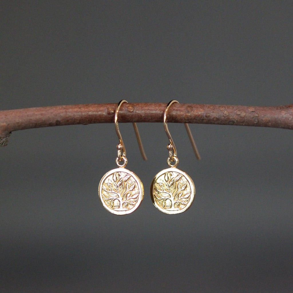 Gold Vermeil Tree of Life Coin Charm Dangle Earrings