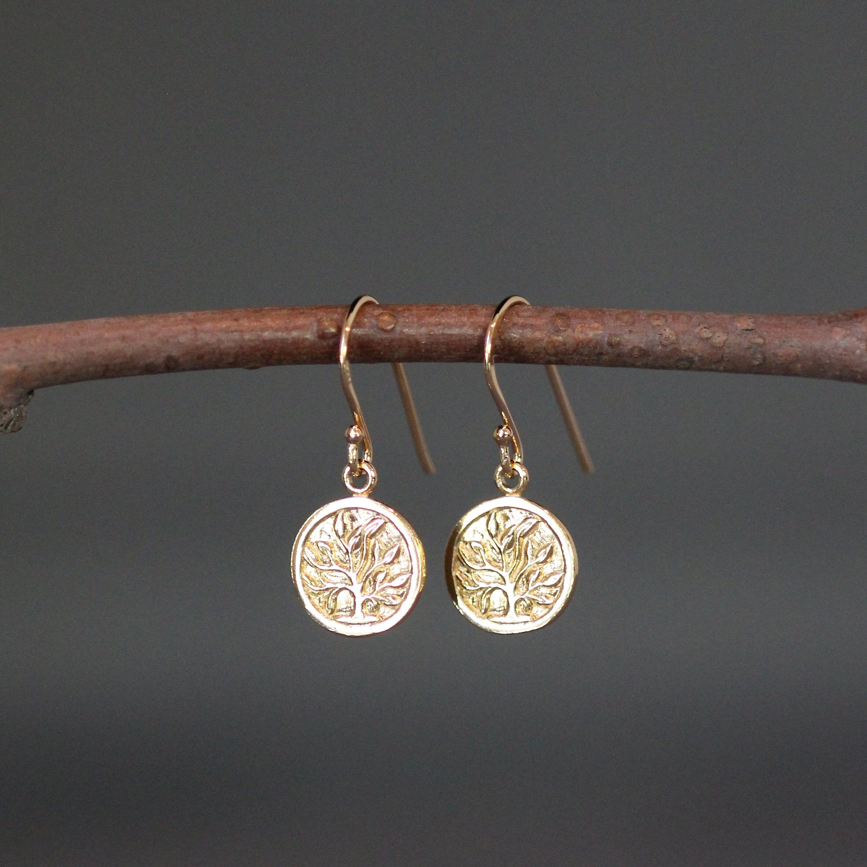 Gold Vermeil Tree of Life Coin Charm Dangle Earrings