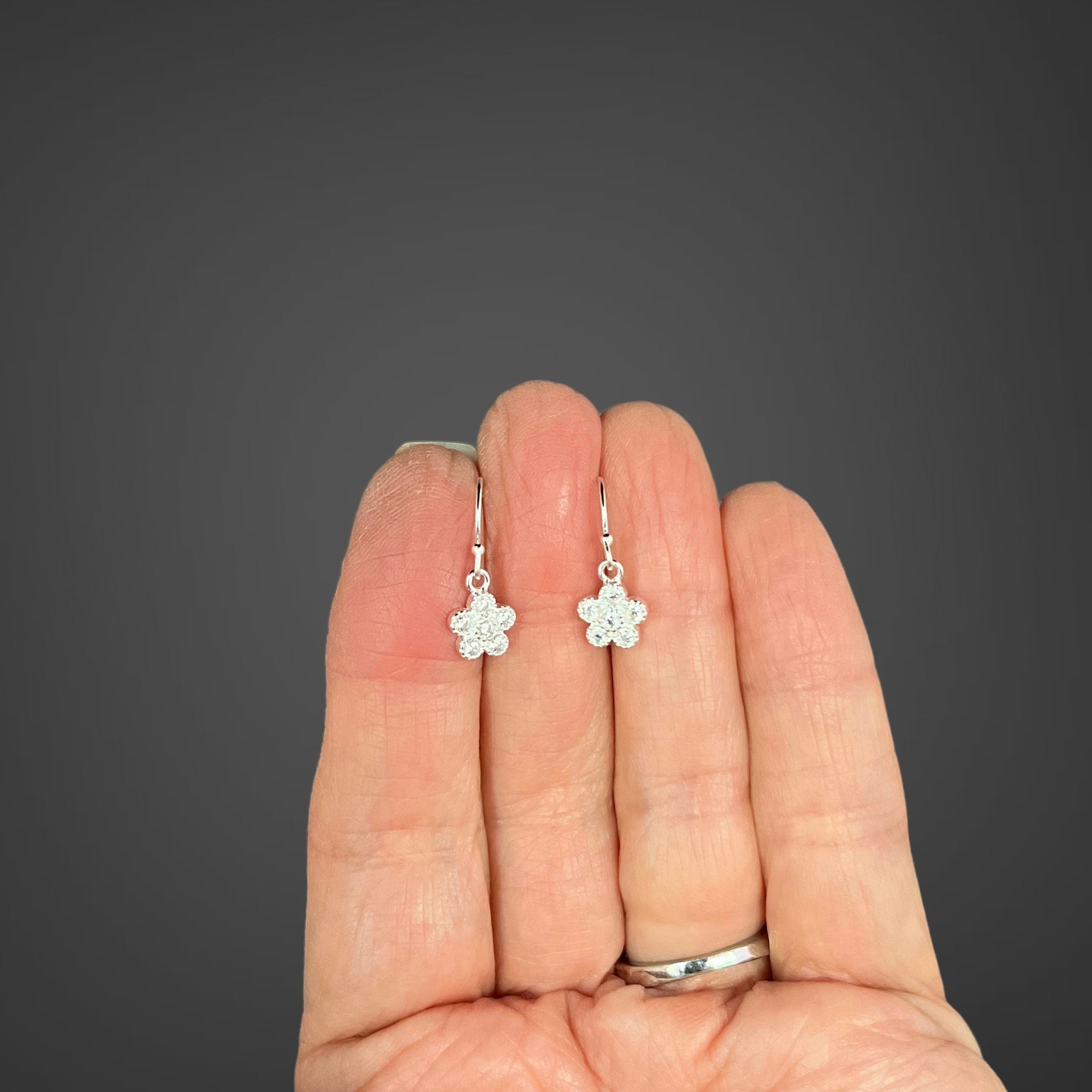 Cubic Zirconia Sterling Silver Flower Dangle Earrings