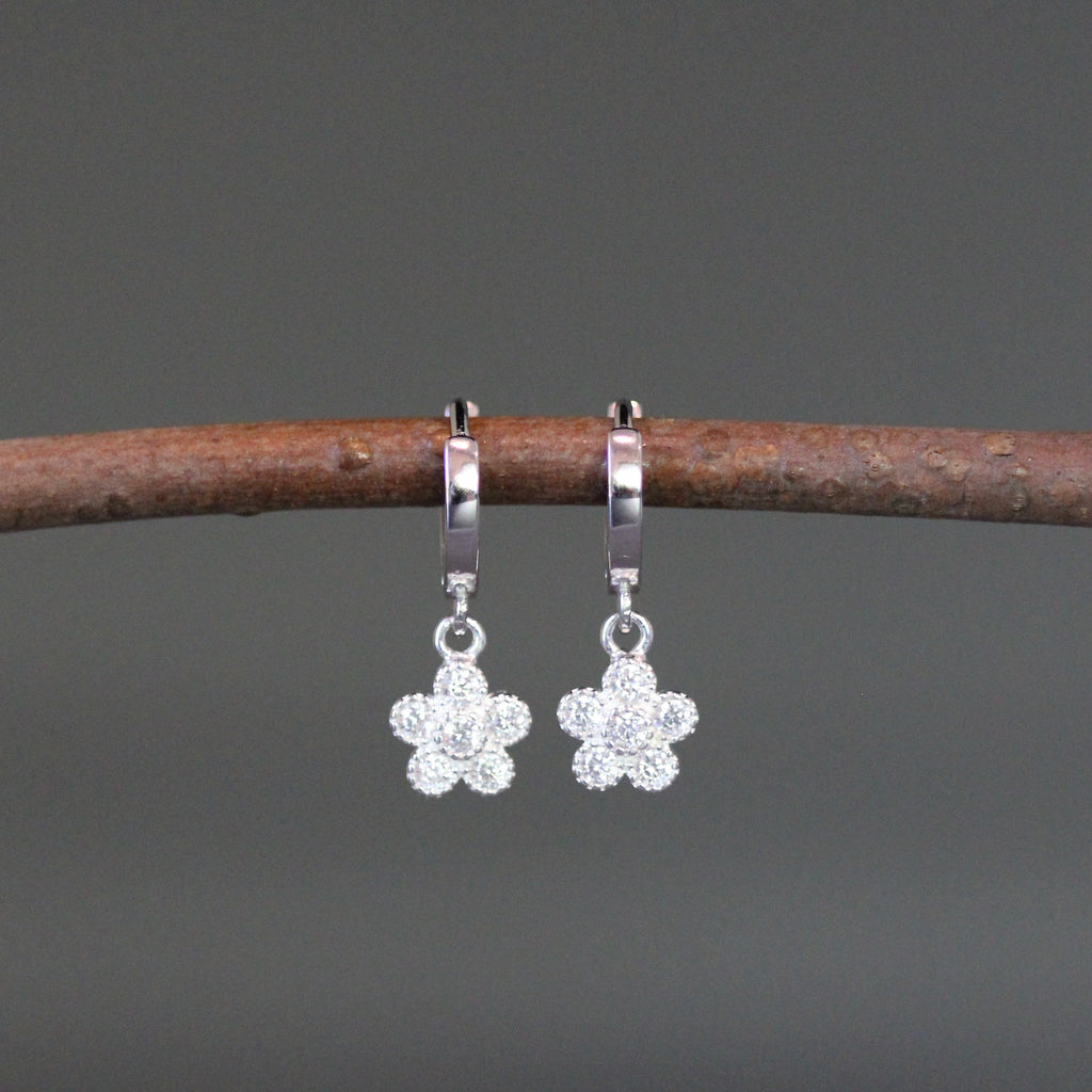 Cubic Zirconia Sterling Silver Flower Charm Huggie Hoop Earrings