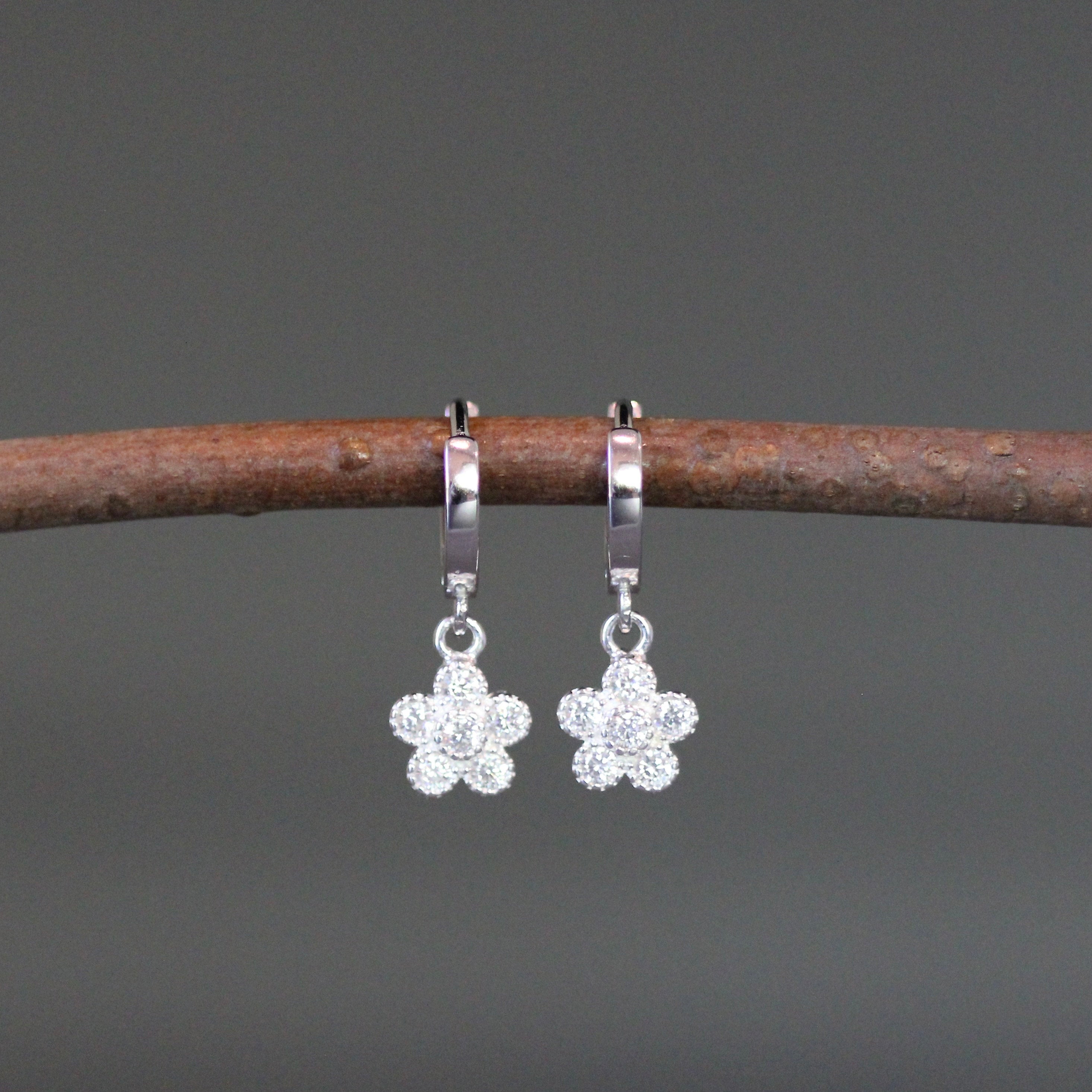 Cubic Zirconia Sterling Silver Flower Charm Huggie Hoop Earrings