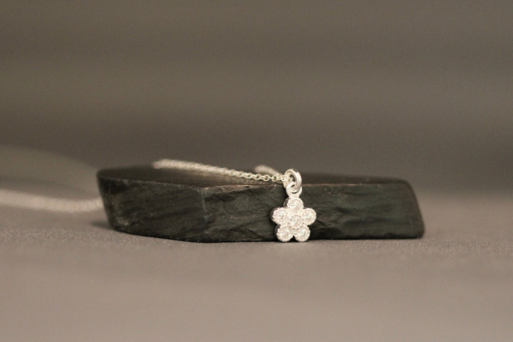 Cubic Zirconia Sterling Silver Flower Pendant Necklace