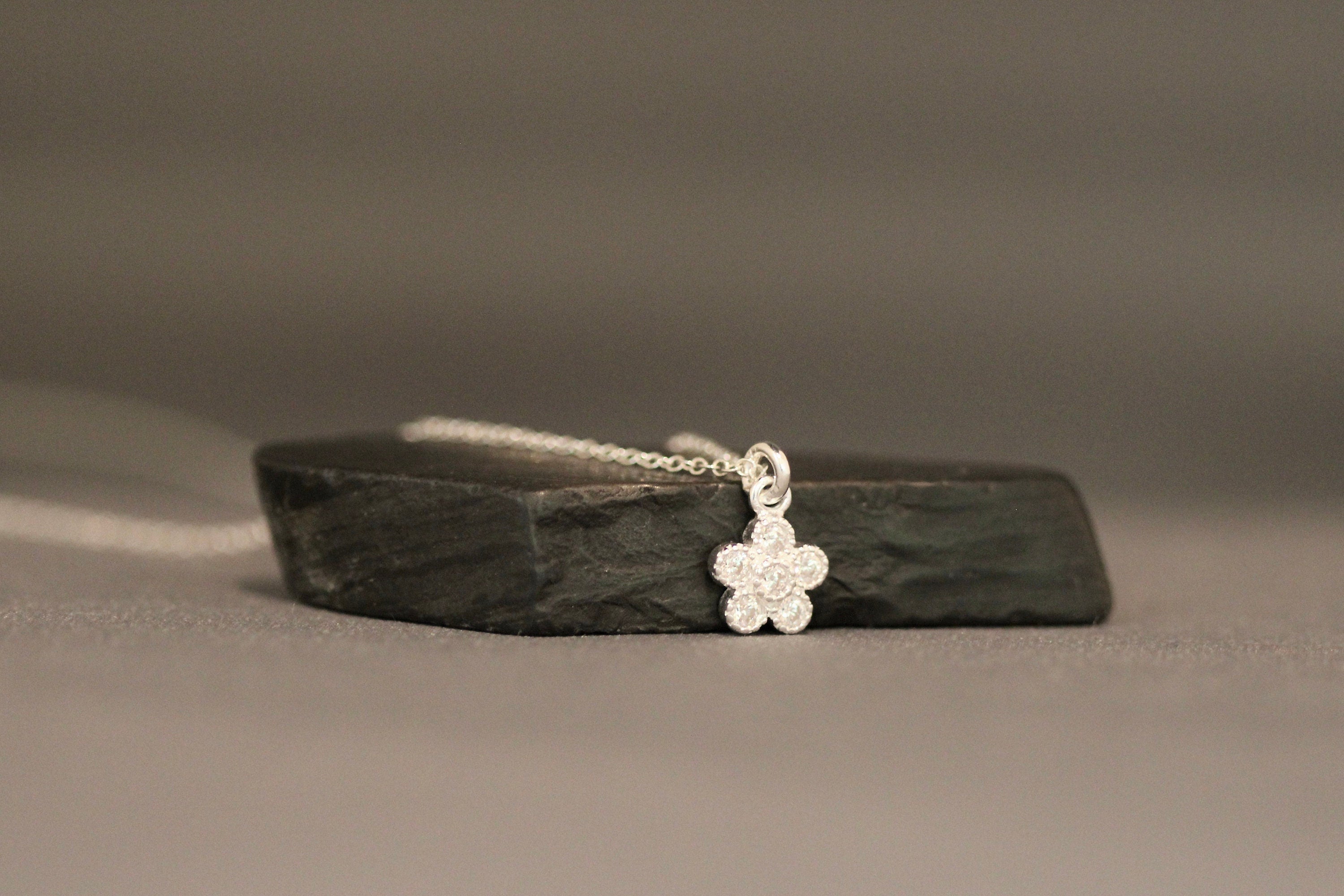 Cubic Zirconia Sterling Silver Flower Pendant Necklace