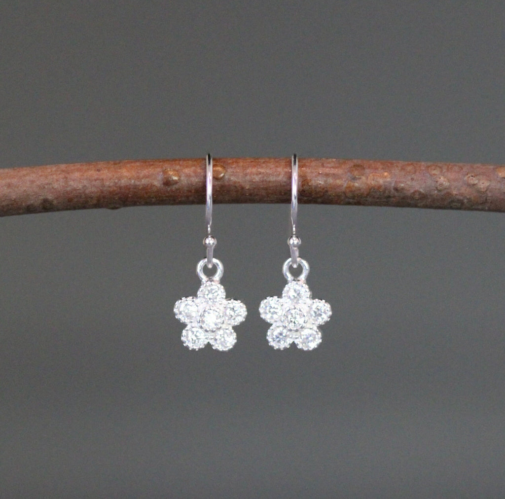 Cubic Zirconia Sterling Silver Flower Dangle Earrings