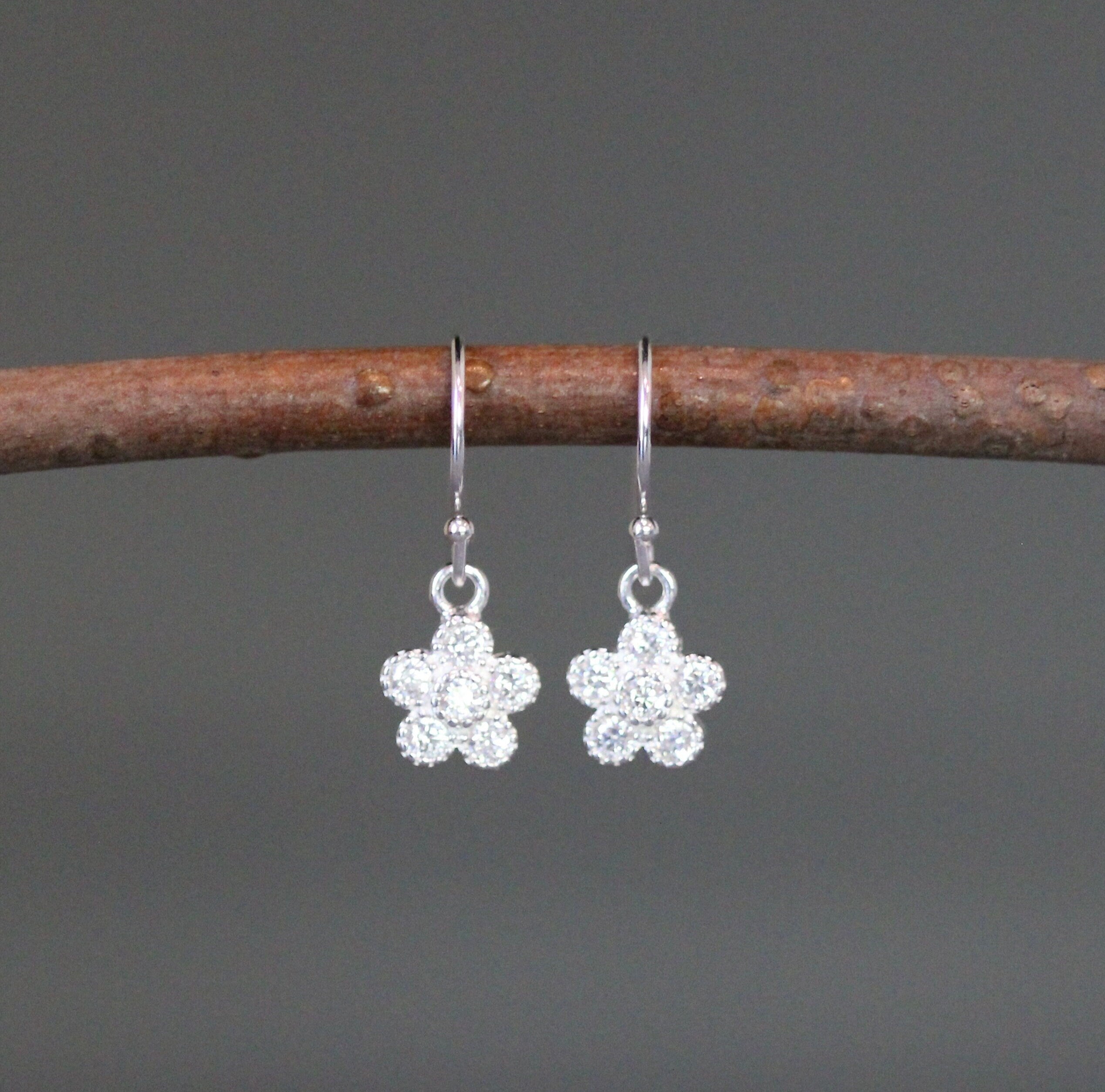 Cubic Zirconia Sterling Silver Flower Dangle Earrings
