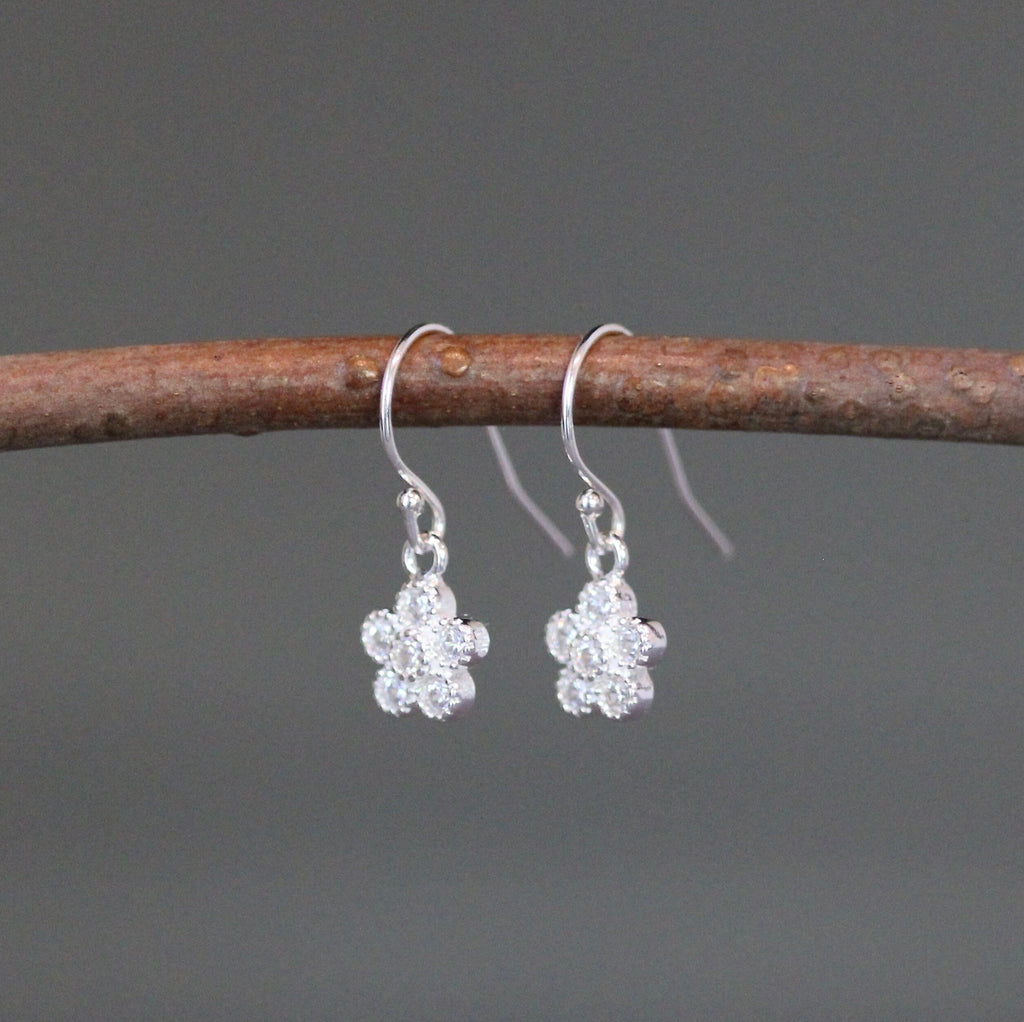Cubic Zirconia Sterling Silver Flower Dangle Earrings