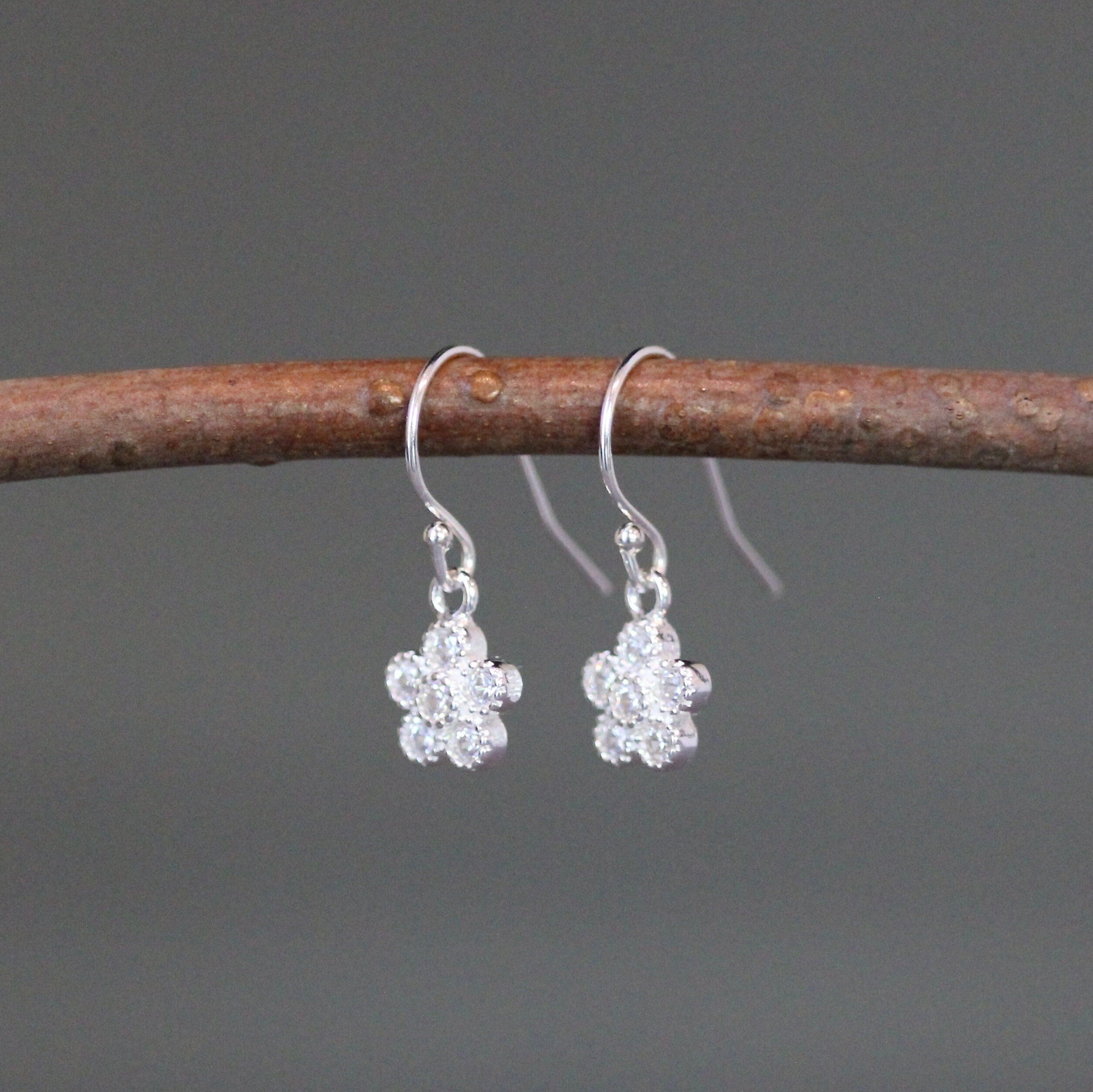 Cubic Zirconia Sterling Silver Flower Dangle Earrings