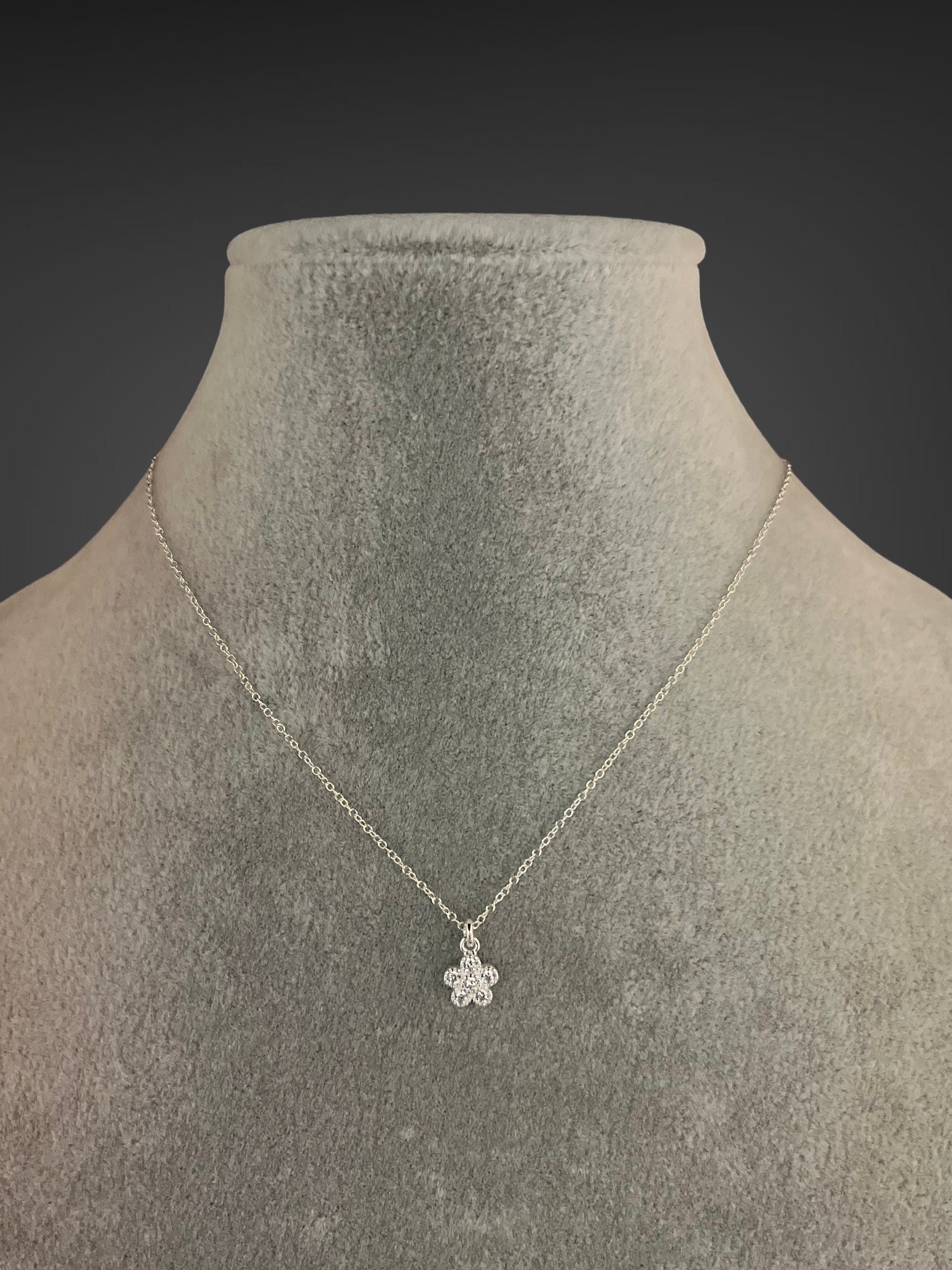 Cubic Zirconia Sterling Silver Flower Pendant Necklace