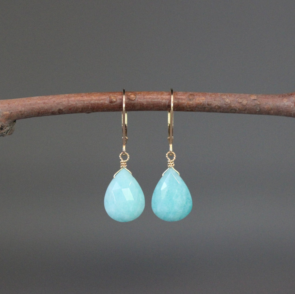 Turquoise Amazonite Teardrop Earrings with Gold Filled Leverback Earwires