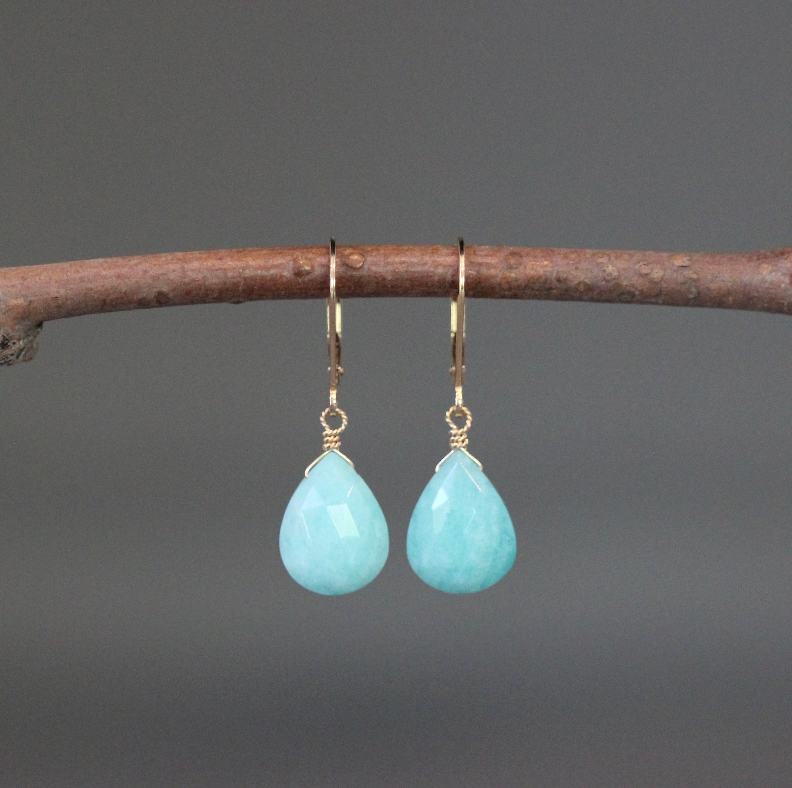 Turquoise Amazonite Teardrop Earrings with Gold Filled Leverback Earwires