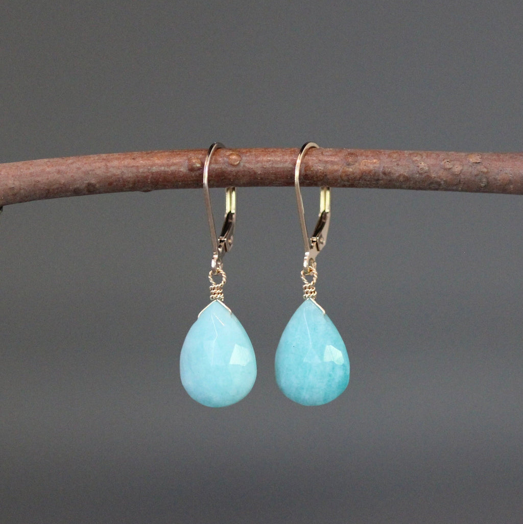 Turquoise Amazonite Teardrop Earrings with Gold Filled Leverback Earwires