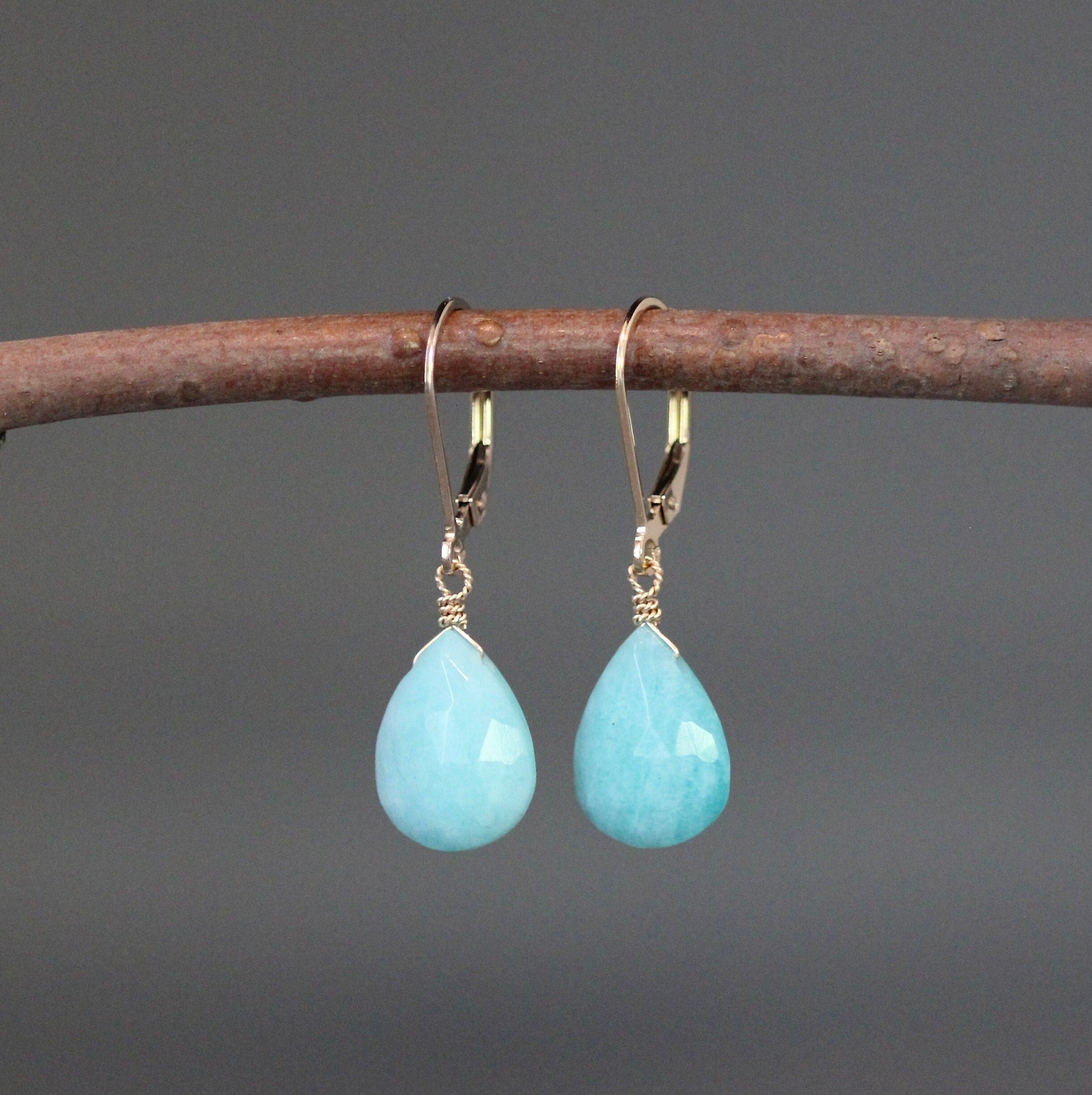 Turquoise Amazonite Teardrop Earrings with Gold Filled Leverback Earwires