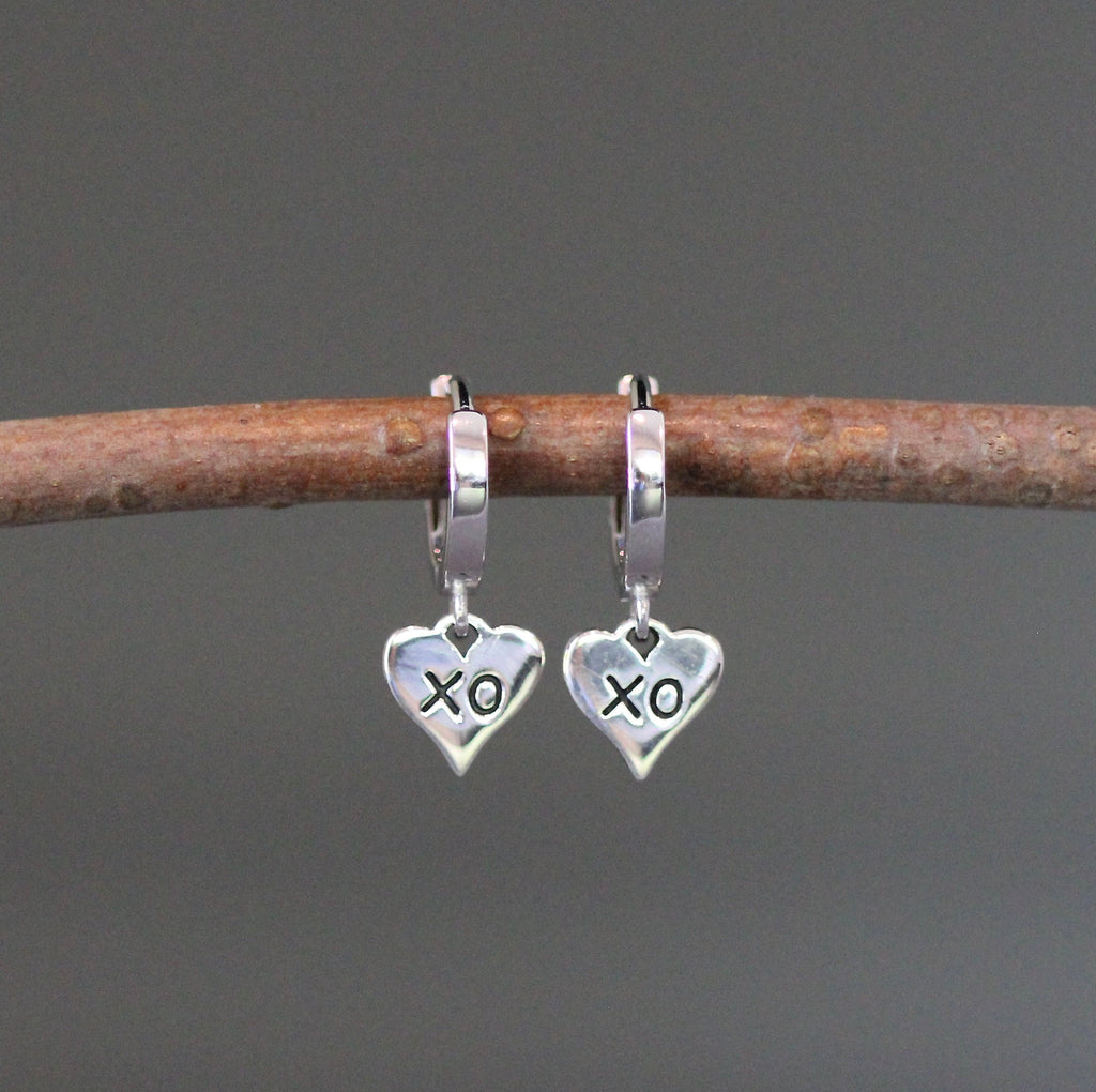Sterling Silver XO Heart Charm Earrings on Huggie Hoop Leverbacks