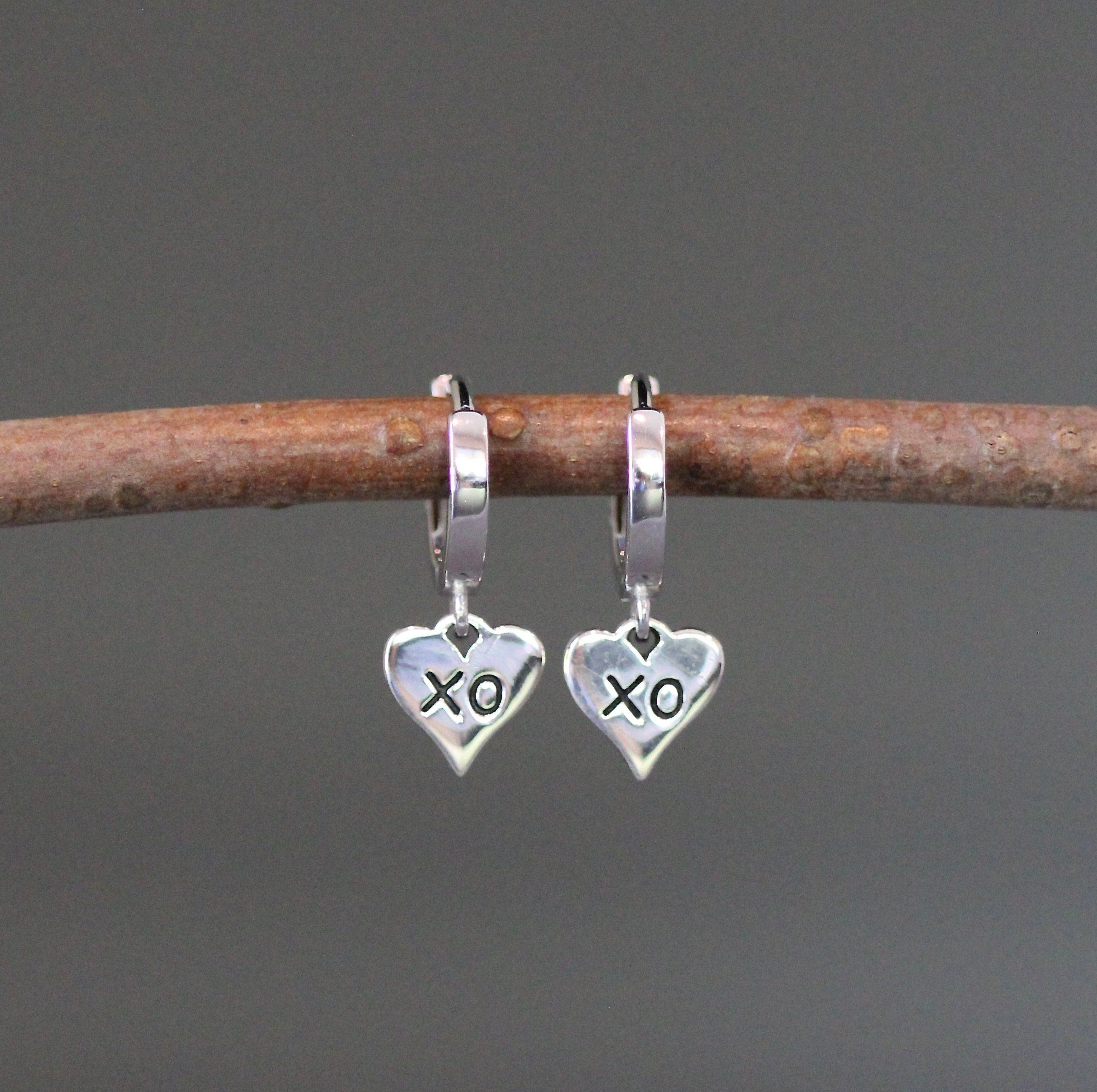 Sterling Silver XO Heart Charm Earrings on Huggie Hoop Leverbacks