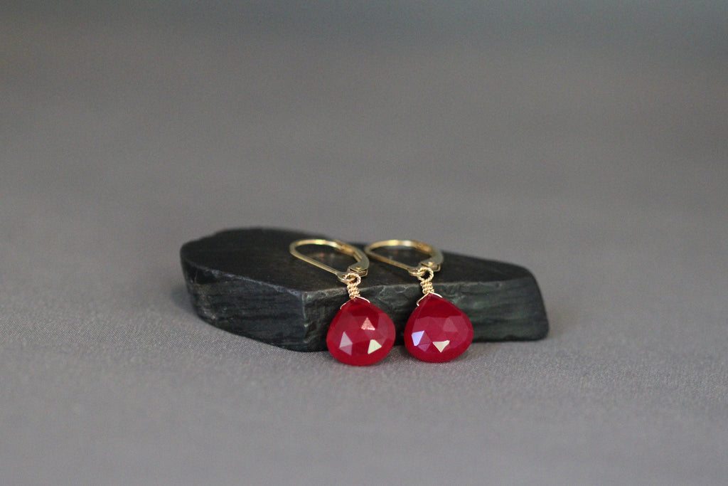 Magenta Chalcedony Teardrop Earrings on Gold Filled Leverbacks