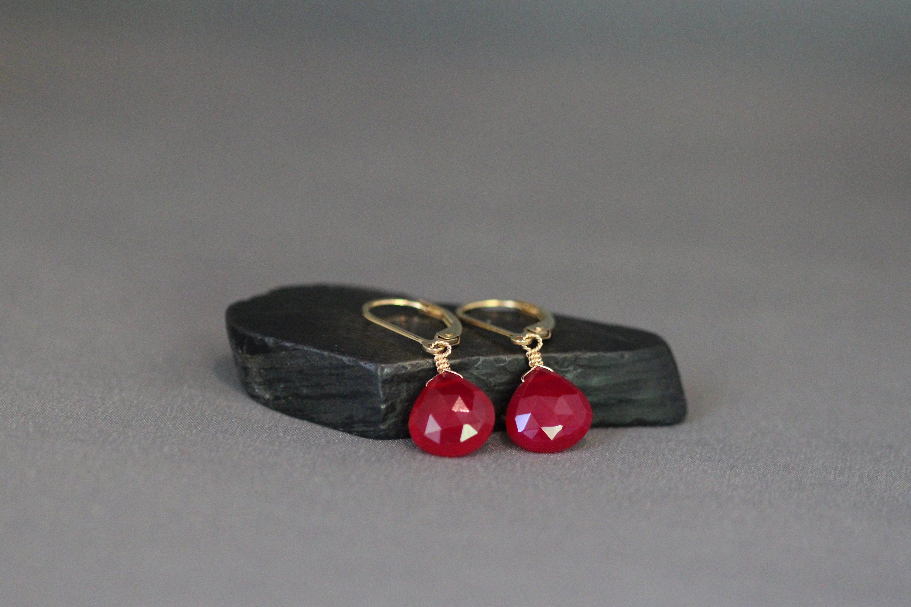 Magenta Chalcedony Teardrop Earrings on Gold Filled Leverbacks
