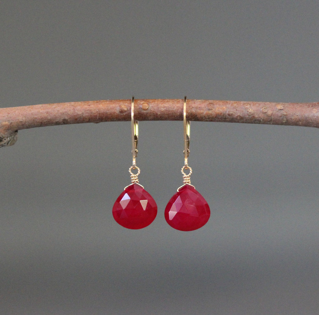 Magenta Chalcedony Teardrop Earrings on Gold Filled Leverbacks