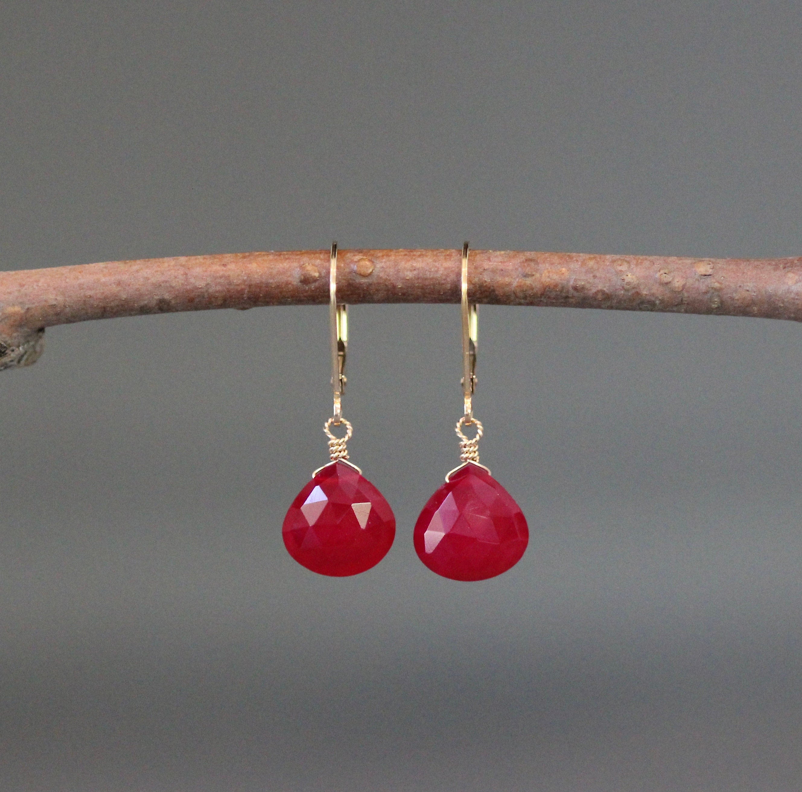 Magenta Chalcedony Teardrop Earrings on Gold Filled Leverbacks