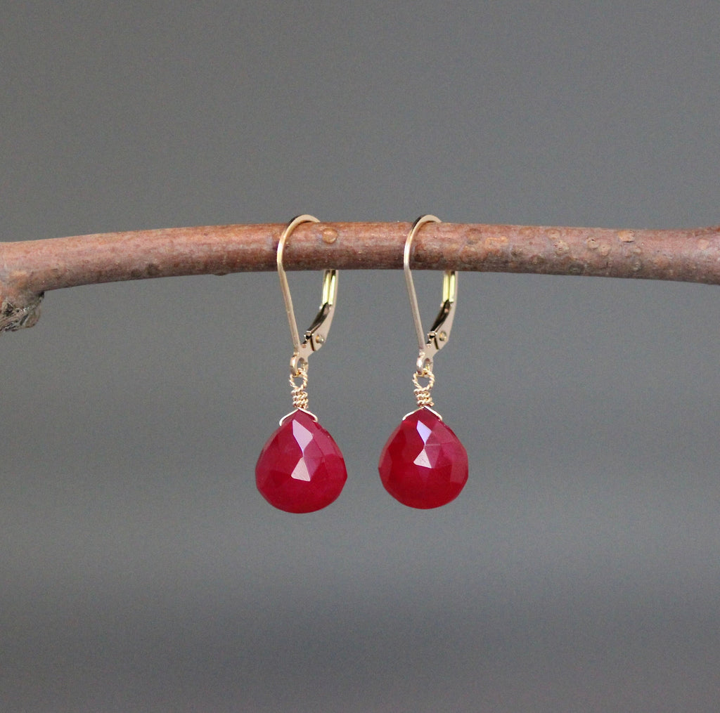 Magenta Chalcedony Teardrop Earrings on Gold Filled Leverbacks