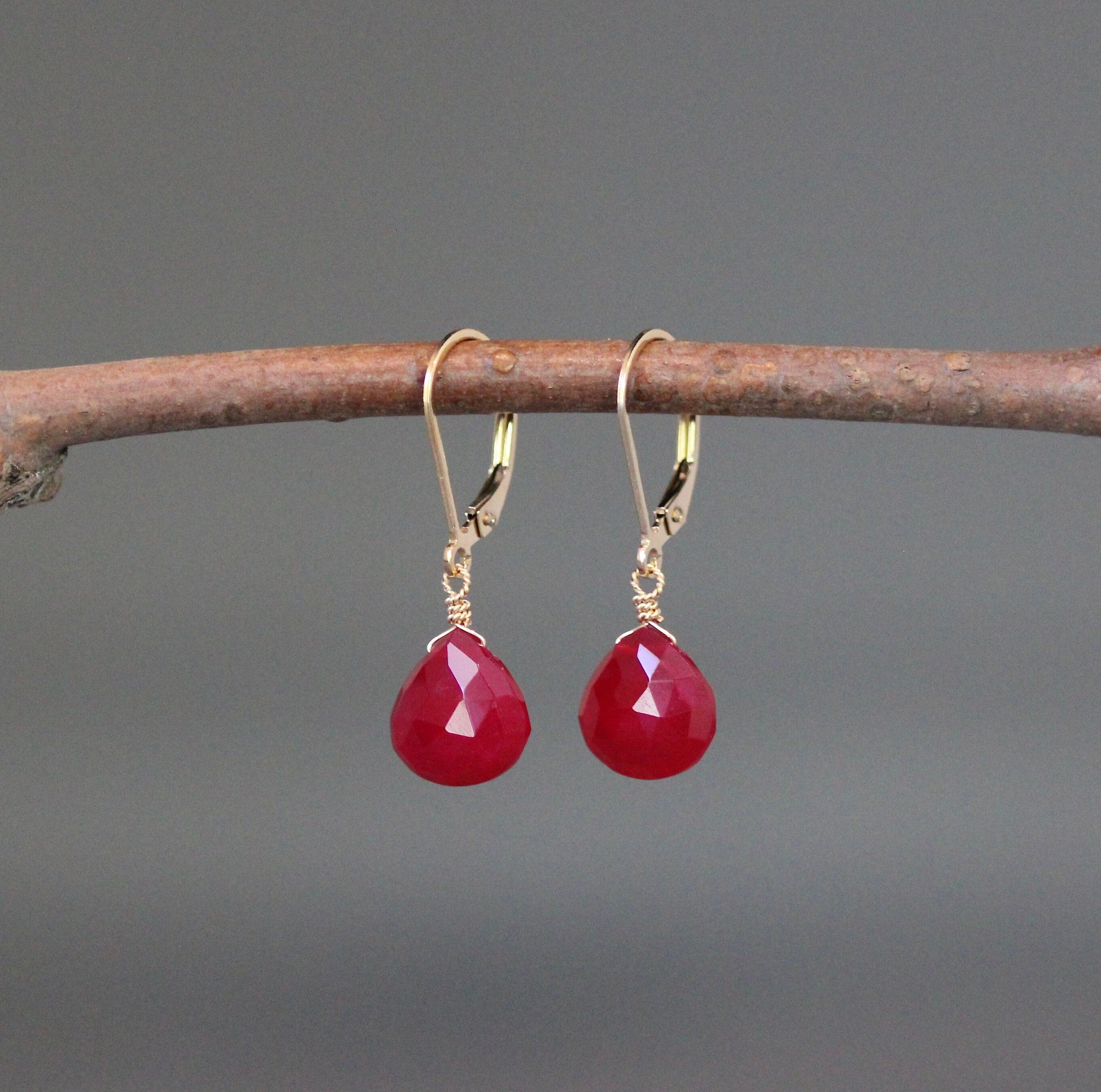 Magenta Chalcedony Teardrop Earrings on Gold Filled Leverbacks