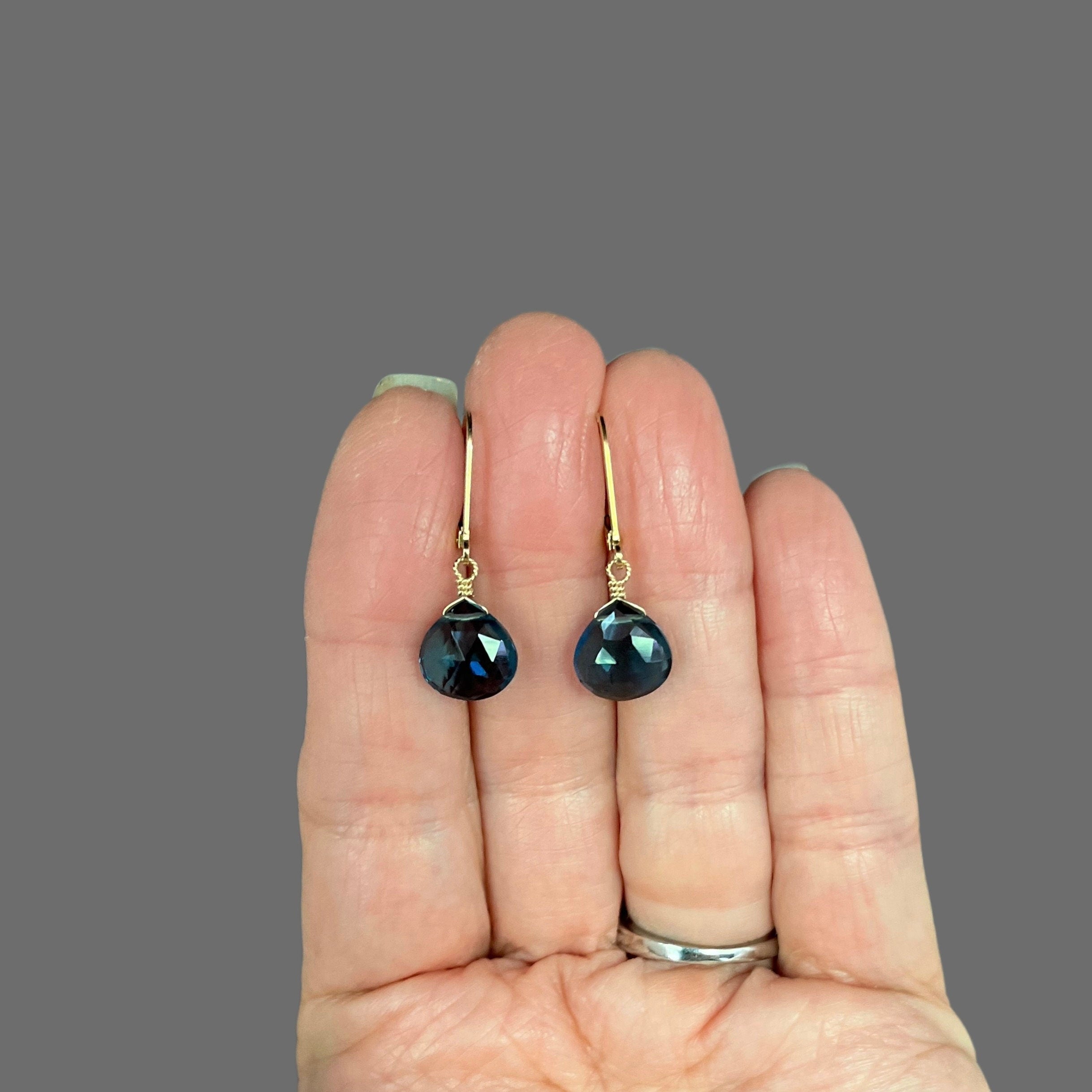 London Blue Topaz Quartz Dangle Earrings on Gold Filled Leverbacks