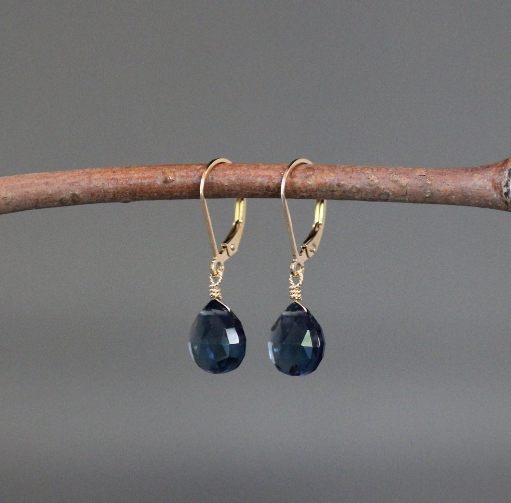 London Blue Topaz Quartz Dangle Earrings on Gold Filled Leverbacks