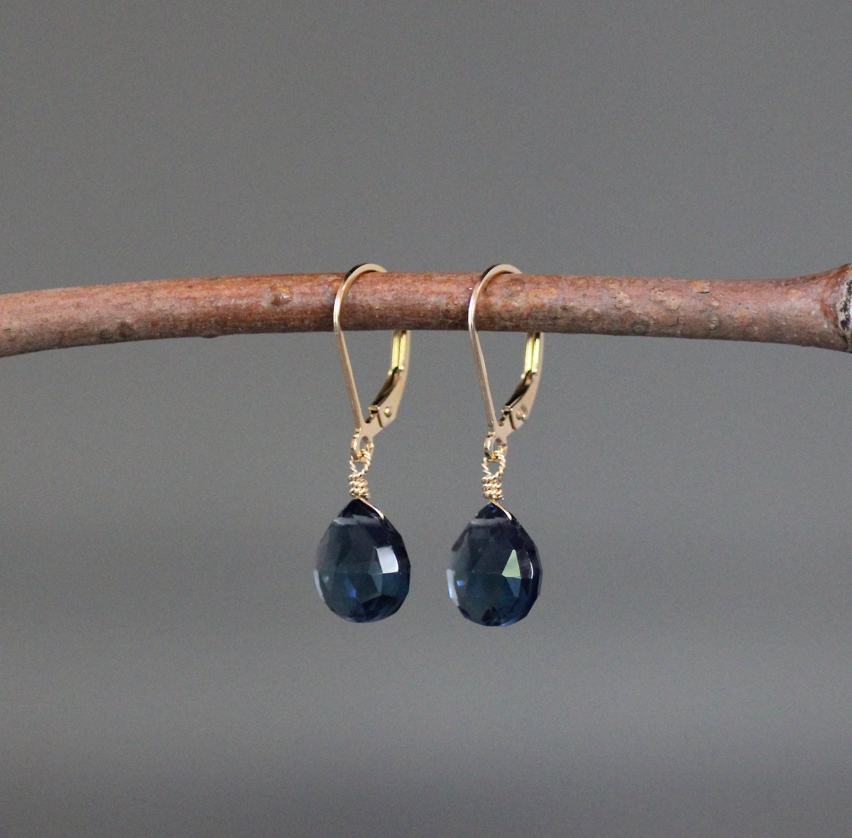 London Blue Topaz Quartz Dangle Earrings on Gold Filled Leverbacks