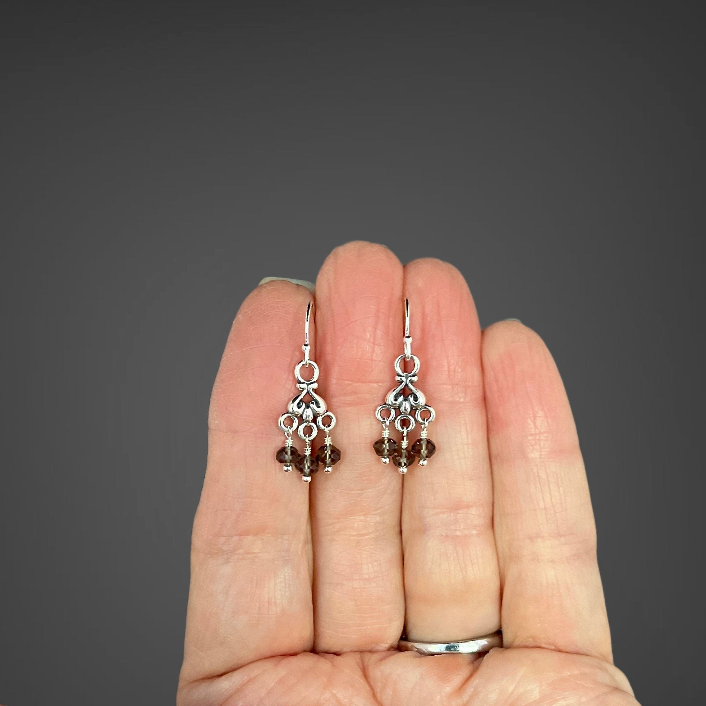Smokey Quartz and Sterling Silver Bali Chandelier Dangle Earrings