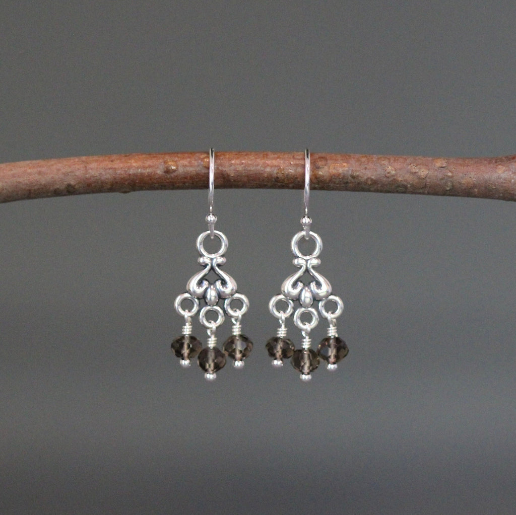 Smokey Quartz and Sterling Silver Bali Chandelier Dangle Earrings