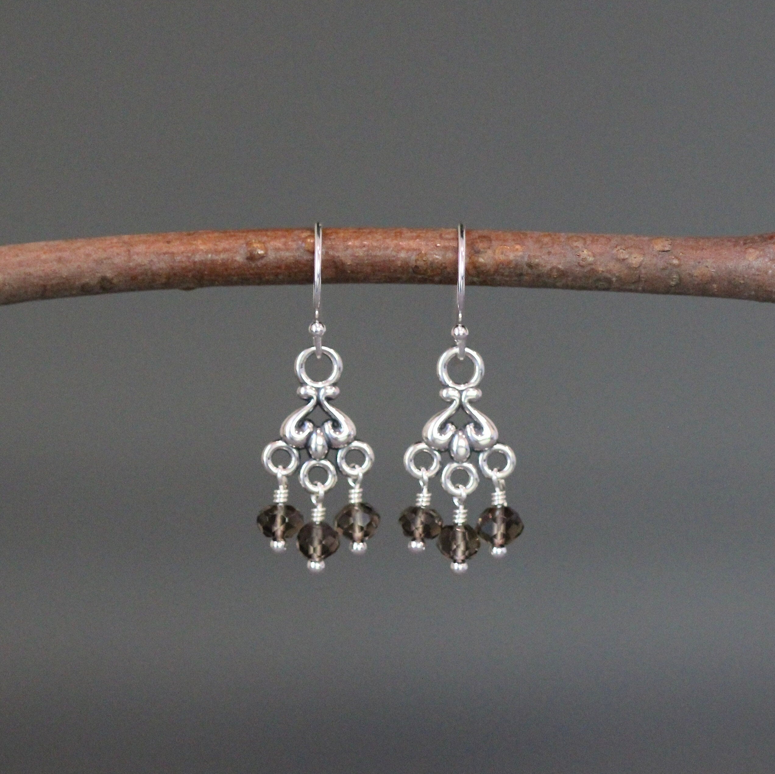 Smokey Quartz and Sterling Silver Bali Chandelier Dangle Earrings