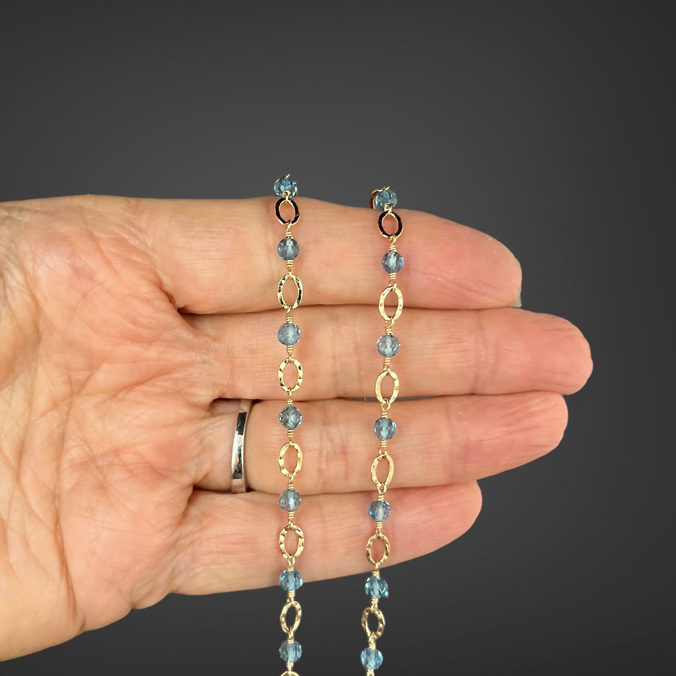 Blue Topaz and Gold Filled Hammered Oval Link Necklace