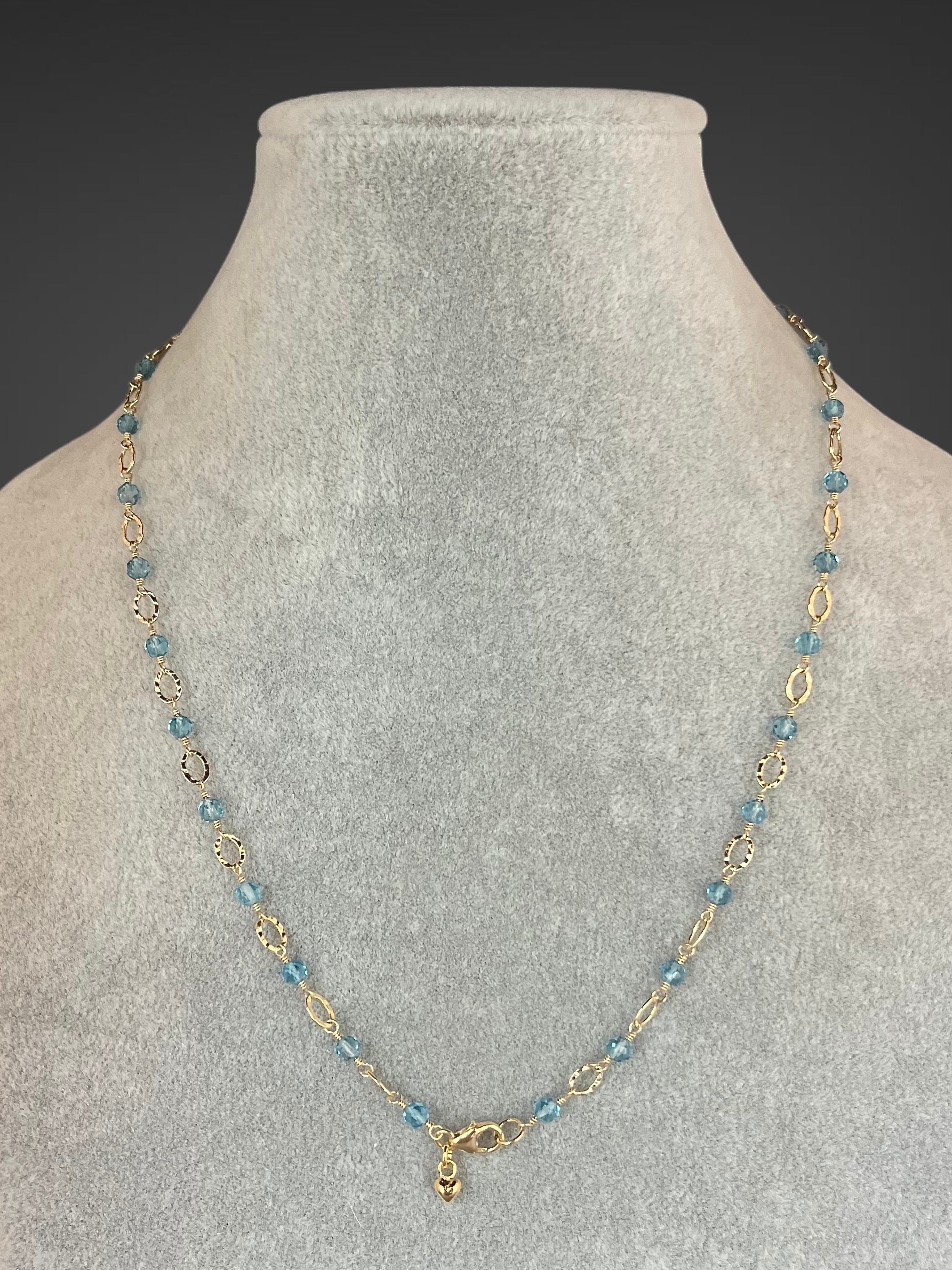 Blue Topaz and Gold Filled Hammered Oval Link Necklace