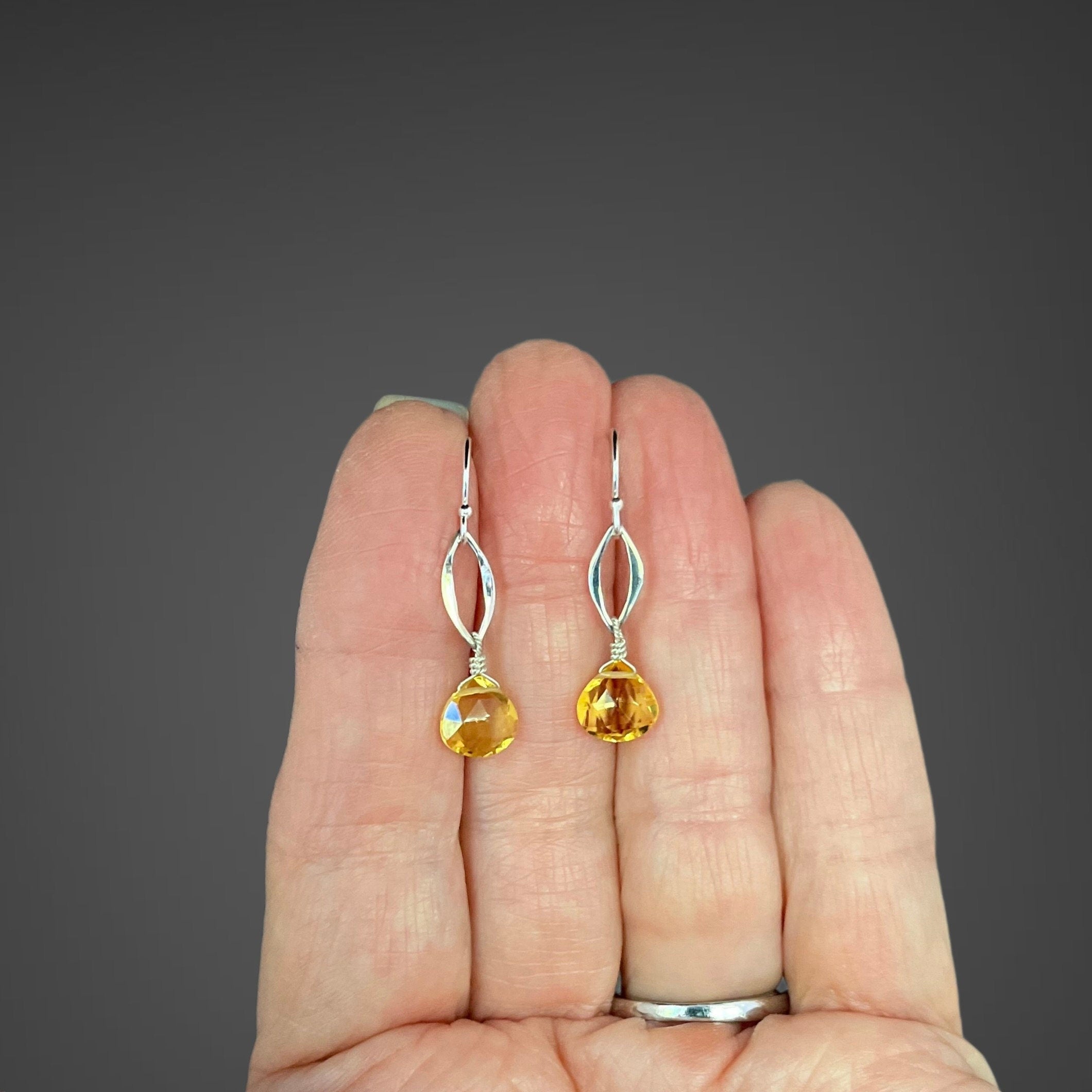 Citrine Quartz Teardrop and Sterling Silver Marquise Link Dangle Earrings