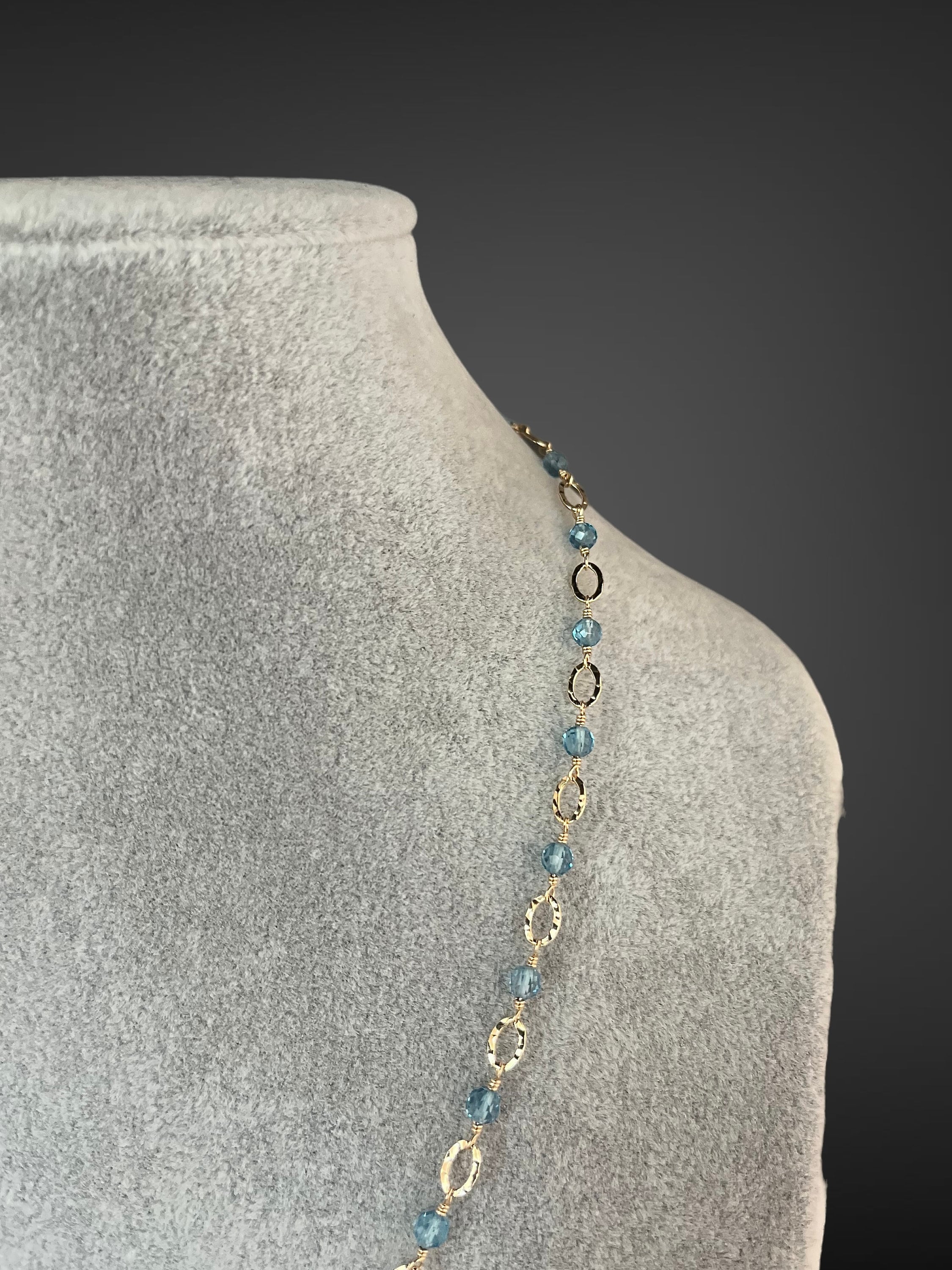 Blue Topaz and Gold Filled Hammered Oval Link Necklace