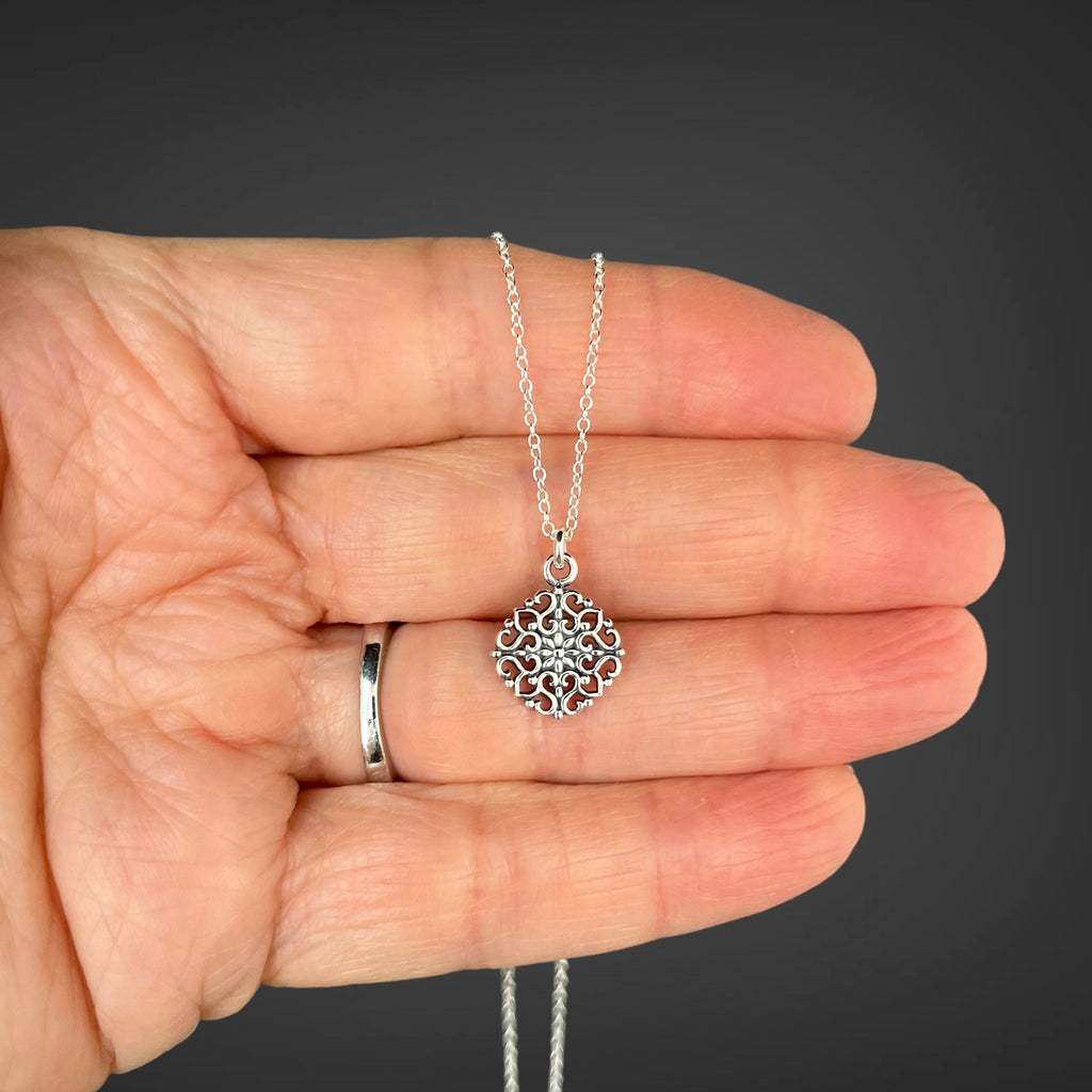 Bali Silver Filigree Flower Pendant on Silver Chain