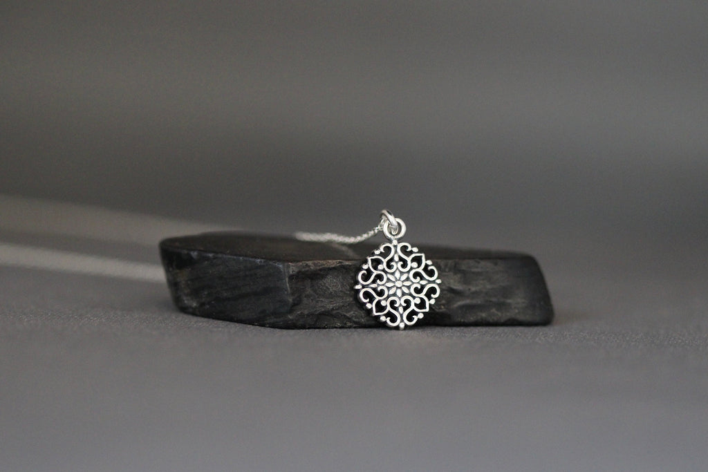 Bali Silver Filigree Flower Pendant on Silver Chain
