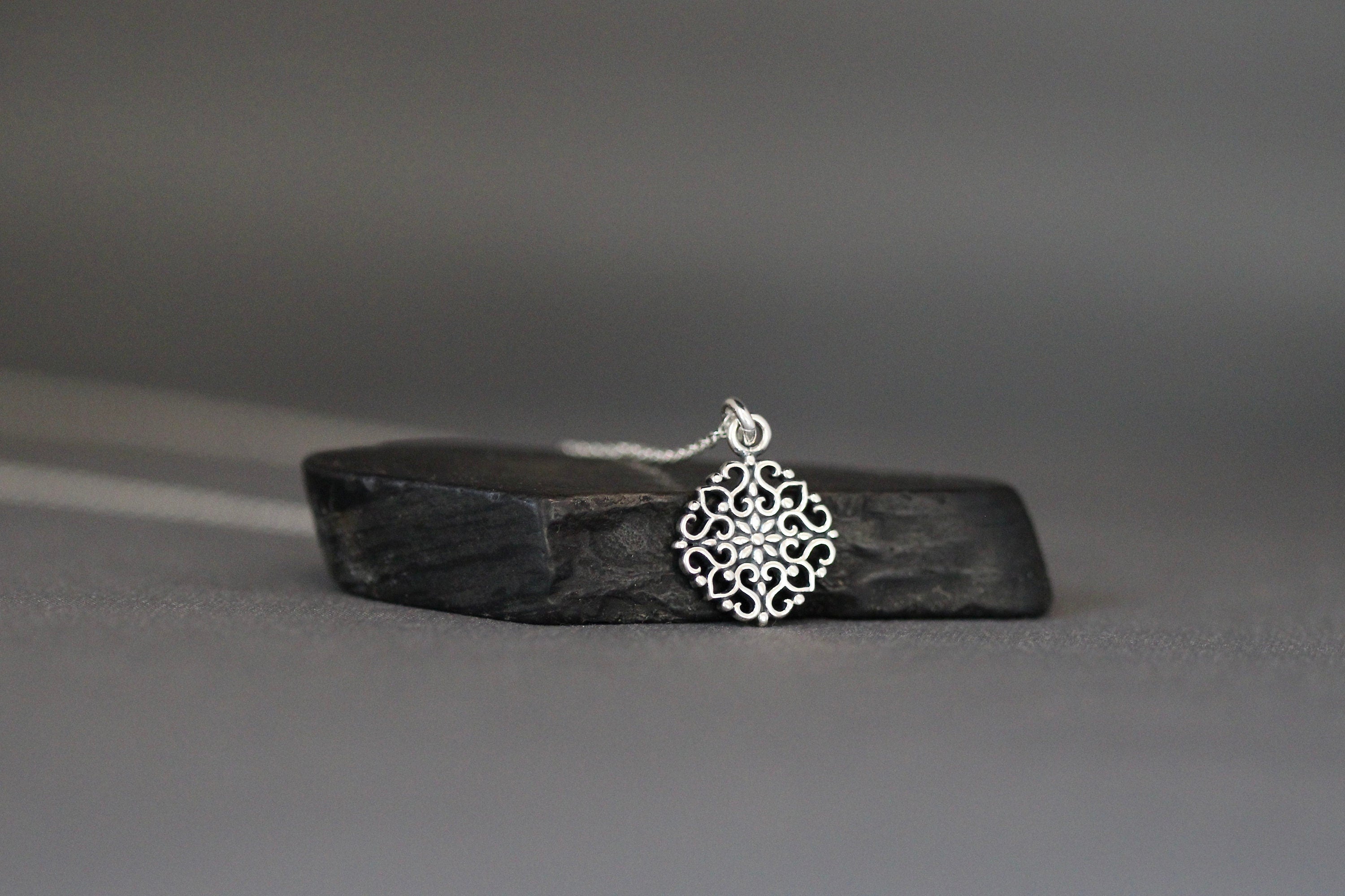 Bali Silver Filigree Flower Pendant on Silver Chain