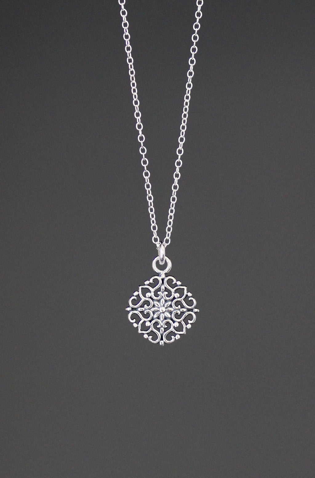 Bali Silver Filigree Flower Pendant on Silver Chain