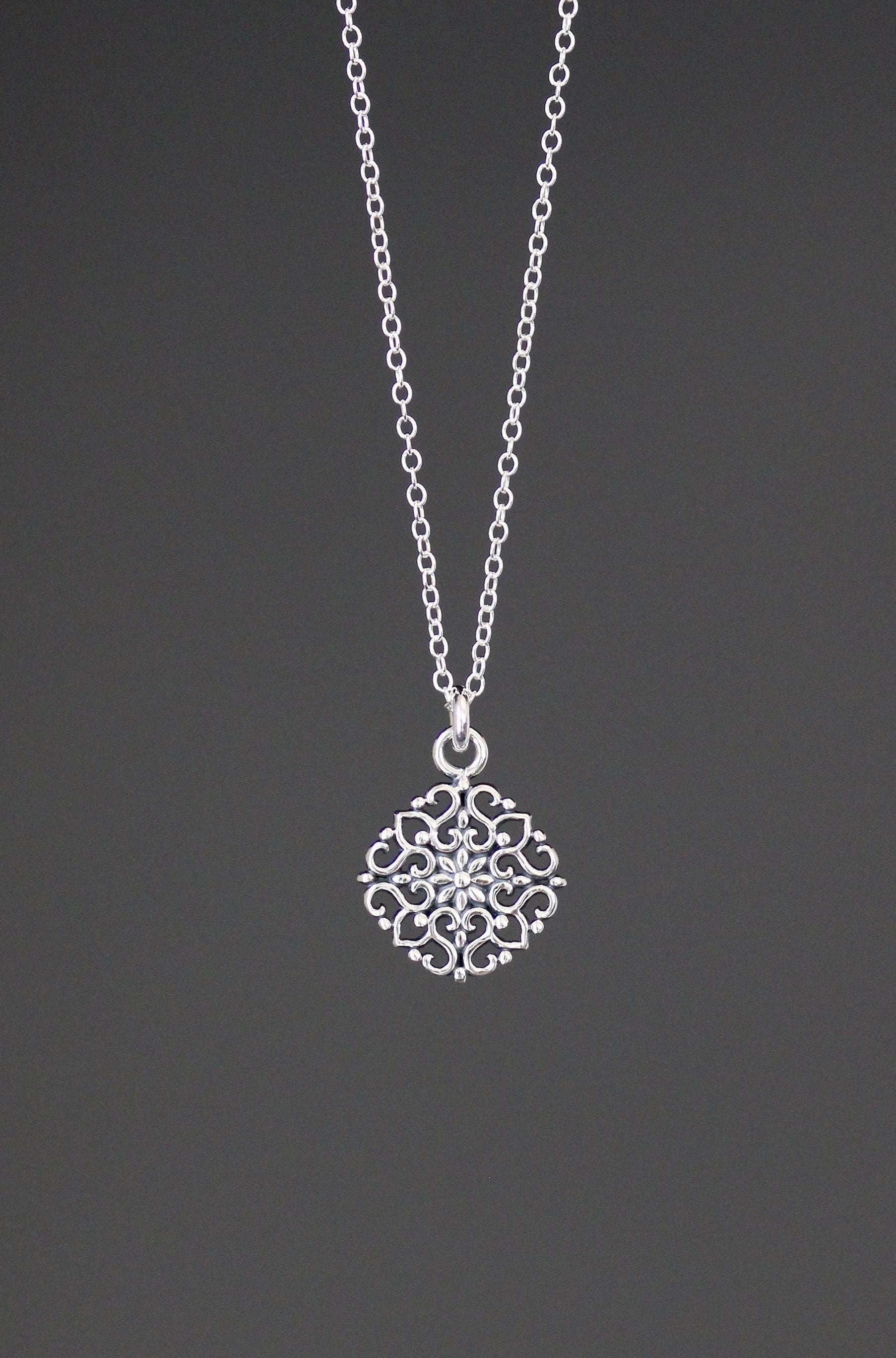 Bali Silver Filigree Flower Pendant on Silver Chain