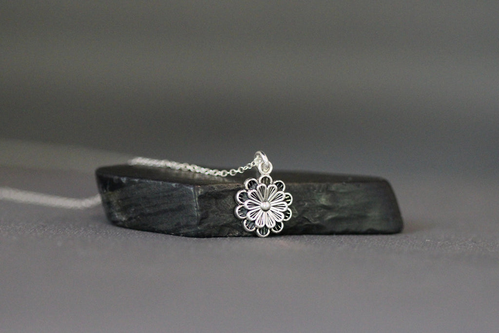 Bali Silver Flower Charm Necklace