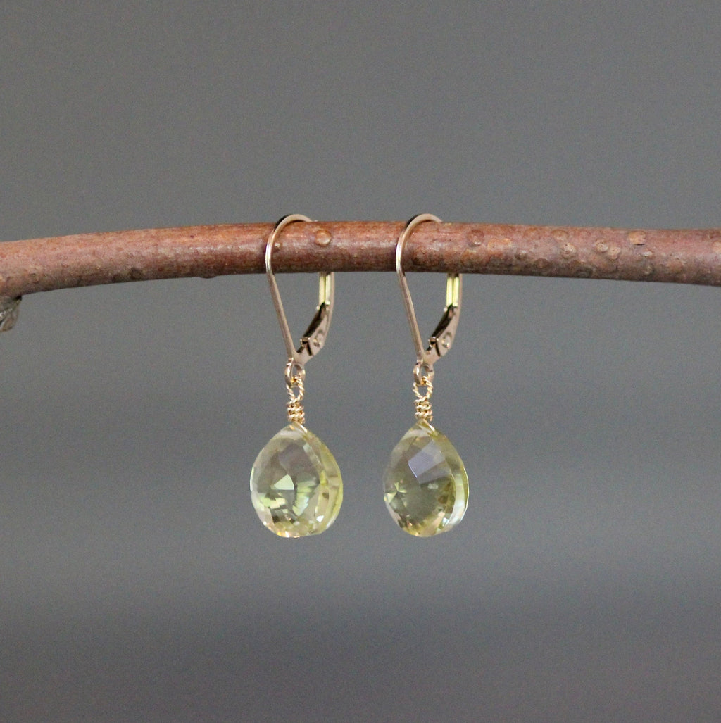 Lemon Quartz Diamond-Cut Teardrop Gold Filled Leverback Dangle Earrings
