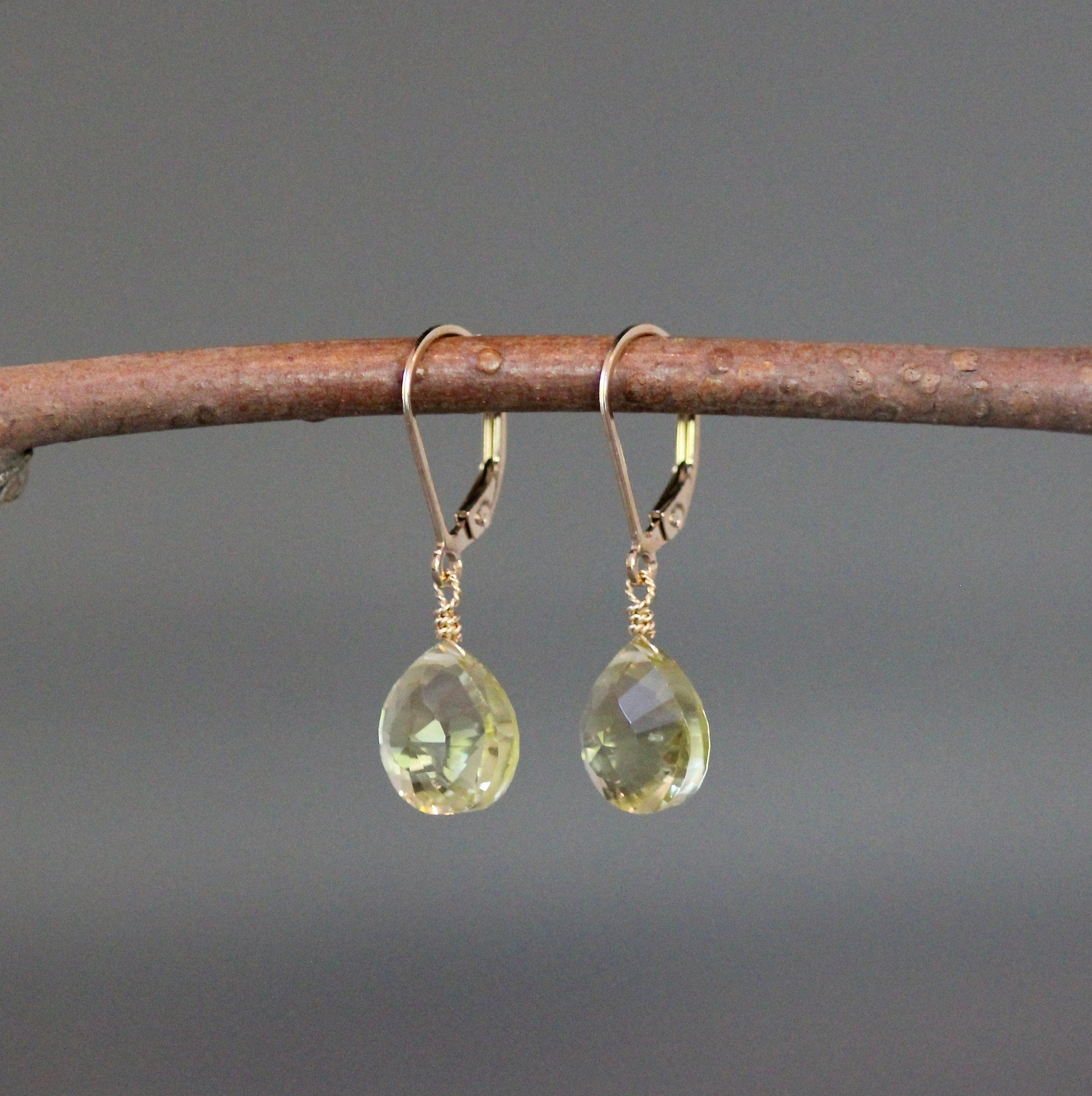Lemon Quartz Diamond-Cut Teardrop Gold Filled Leverback Dangle Earrings