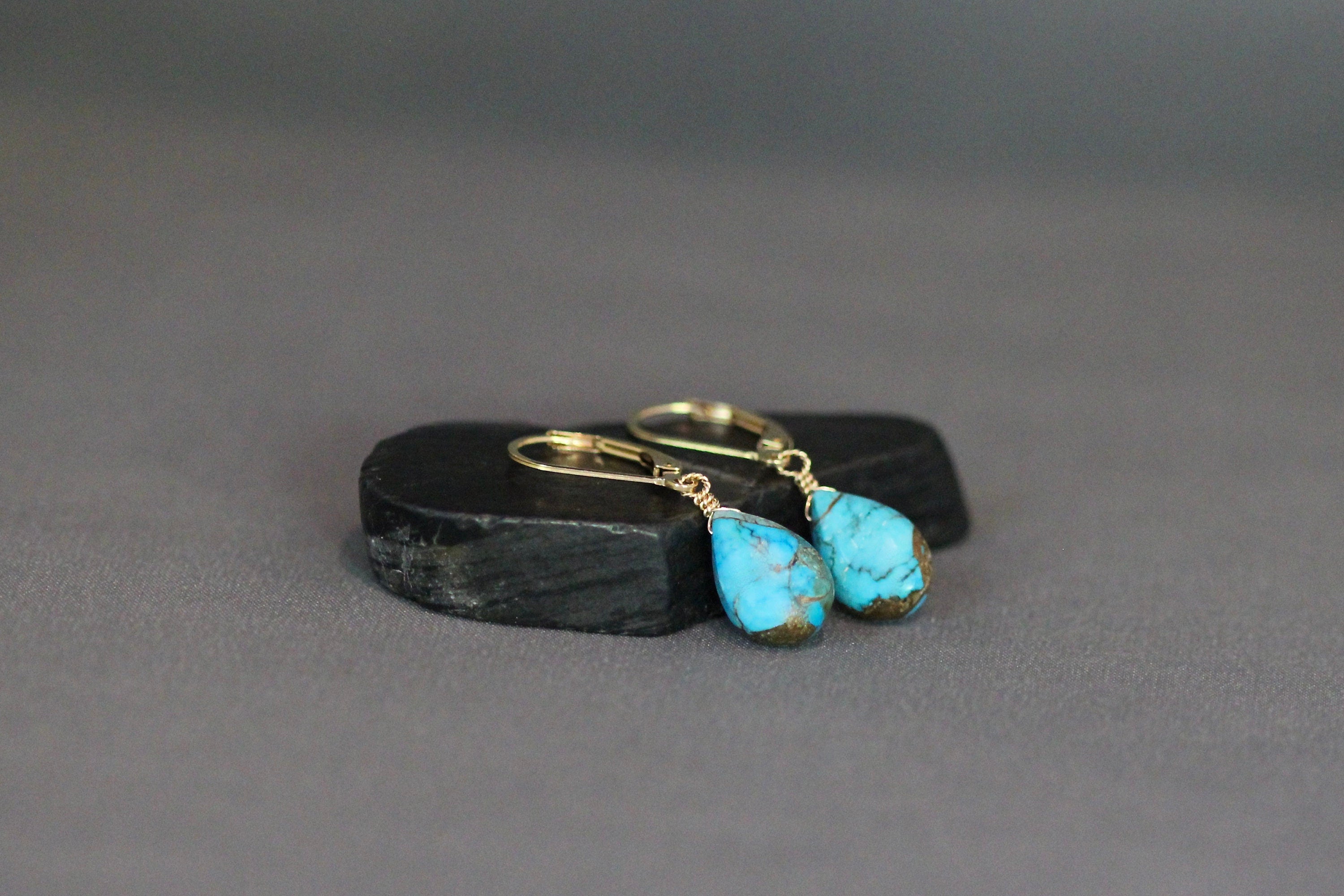 Blue Copper Turquoise Teardrop Dangle Earrings on Gold Filled Leverbacks