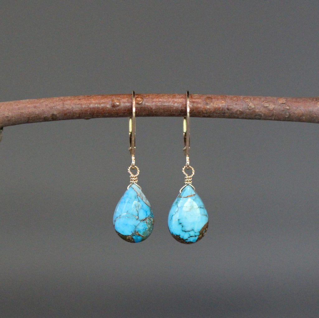 Blue Copper Turquoise Teardrop Dangle Earrings on Gold Filled Leverbacks