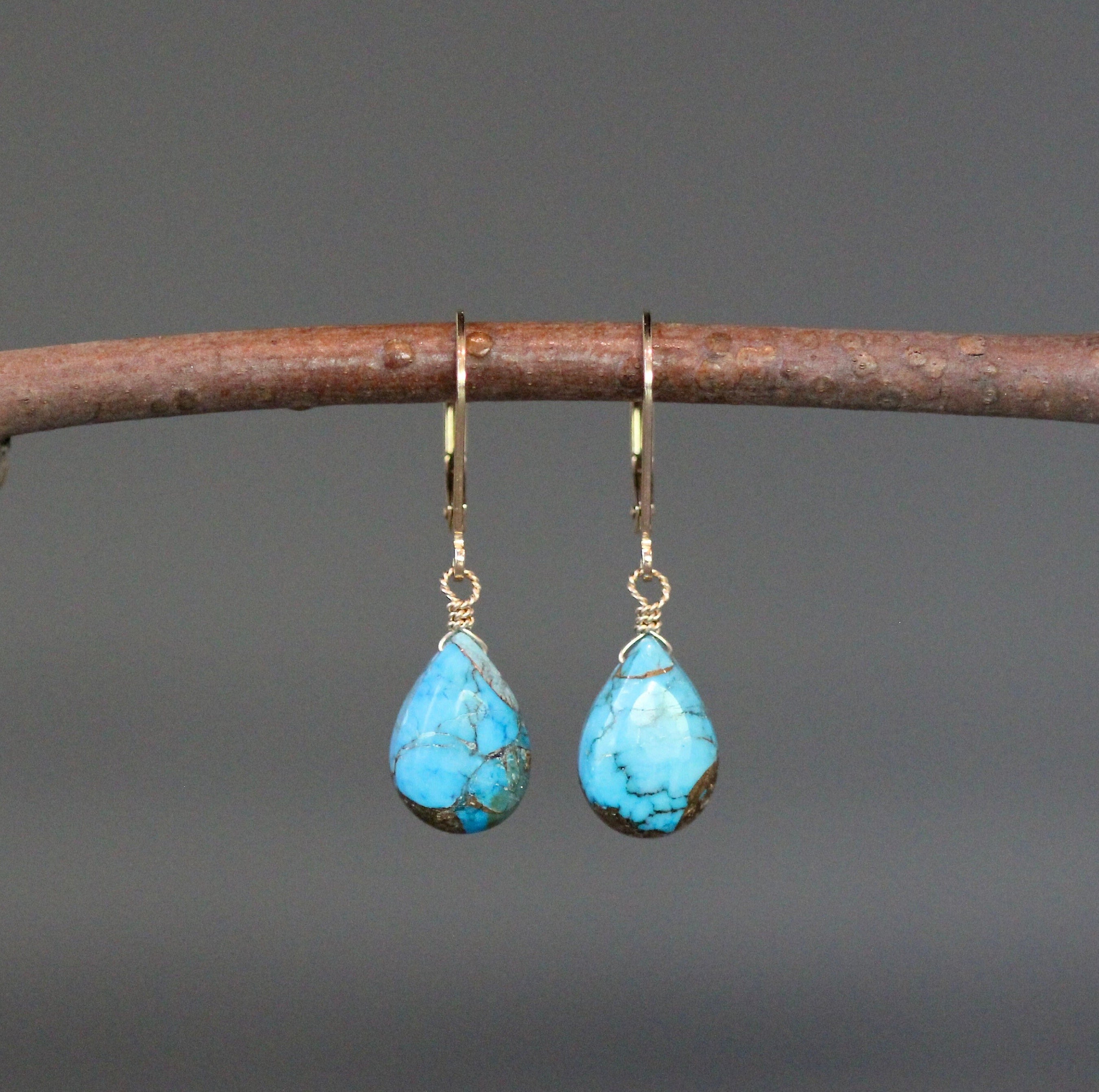 Blue Copper Turquoise Teardrop Dangle Earrings on Gold Filled Leverbacks