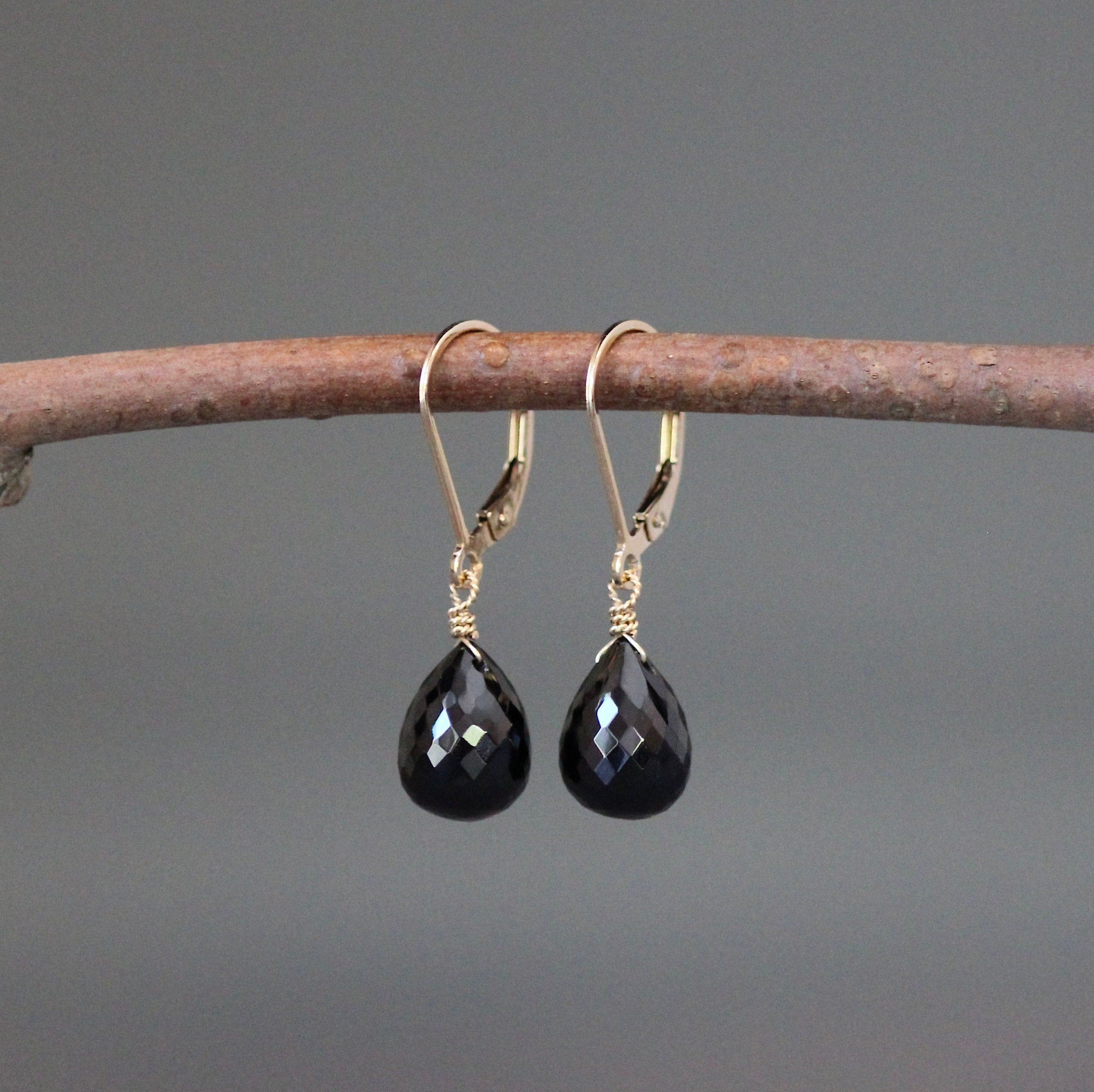 Black Spinel Teardrop Dangle Earrings on Gold Filled Leverbacks