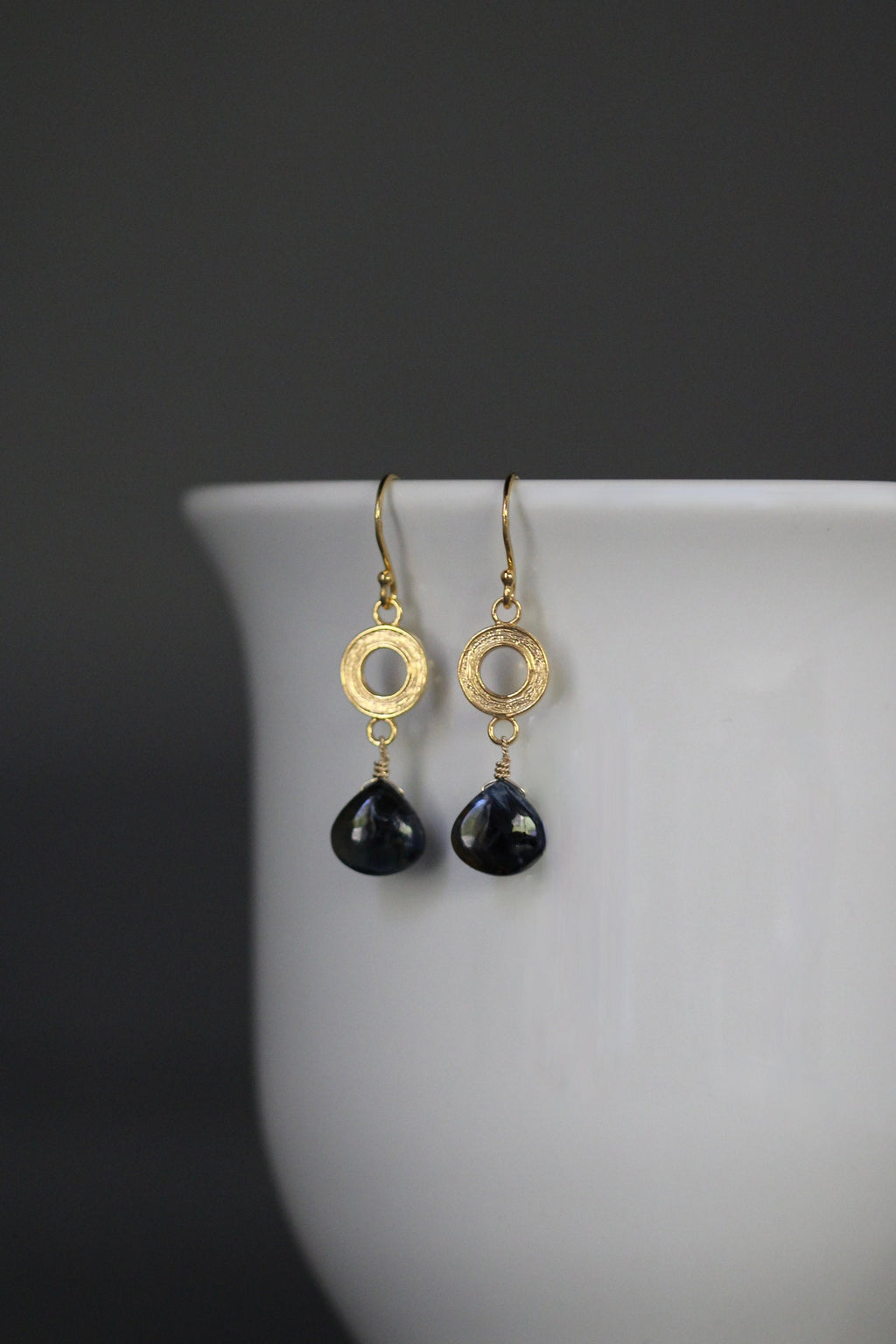 Blue Pietersite Teardrop and Brushed Gold Vermeil Circle Link Dangle Earrings