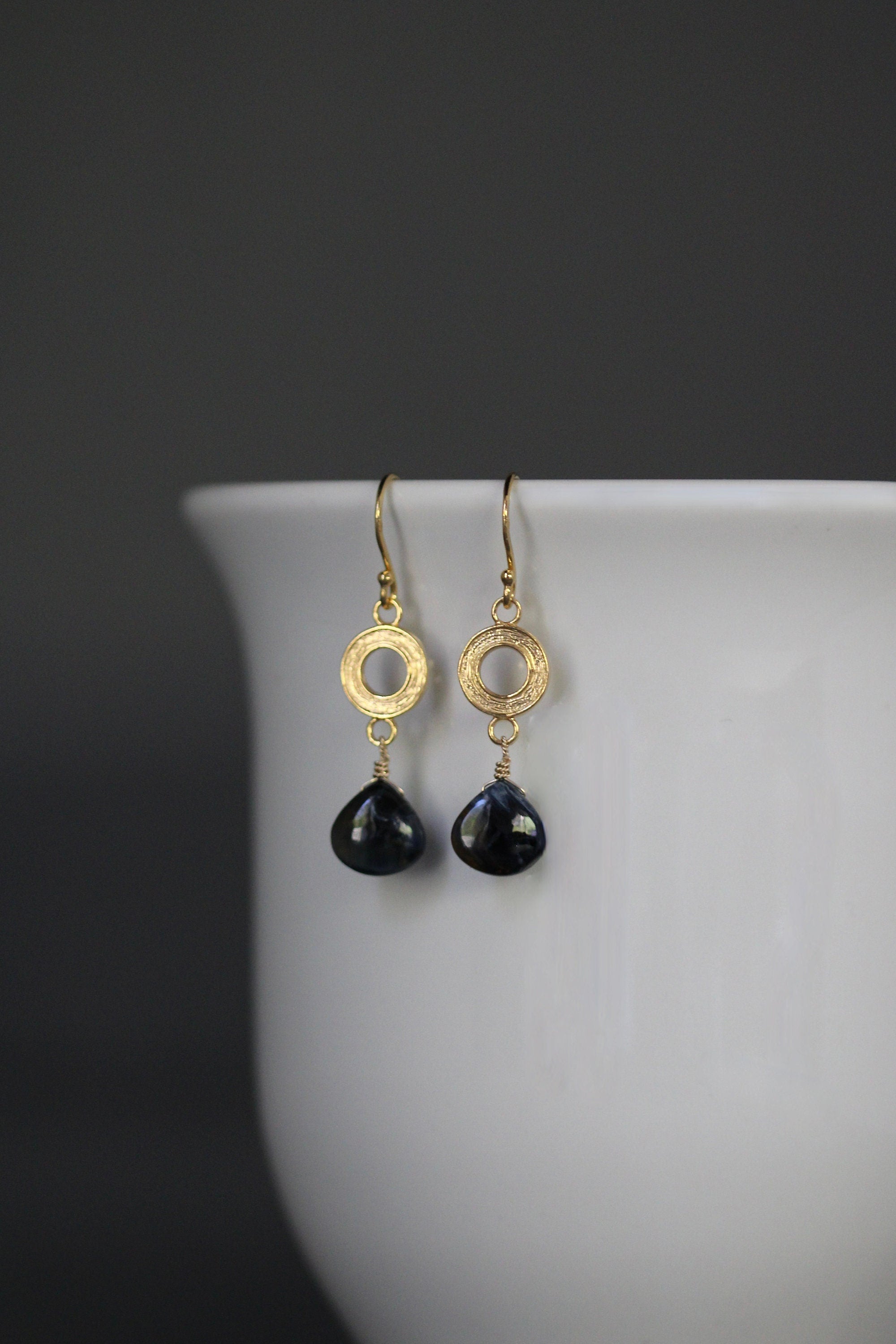 Blue Pietersite Teardrop and Brushed Gold Vermeil Circle Link Dangle Earrings