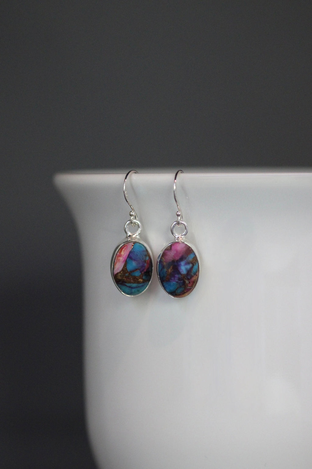 Mojave Copper Turquoise Oval Cabochon Earrings in Sterling Silver Bezels